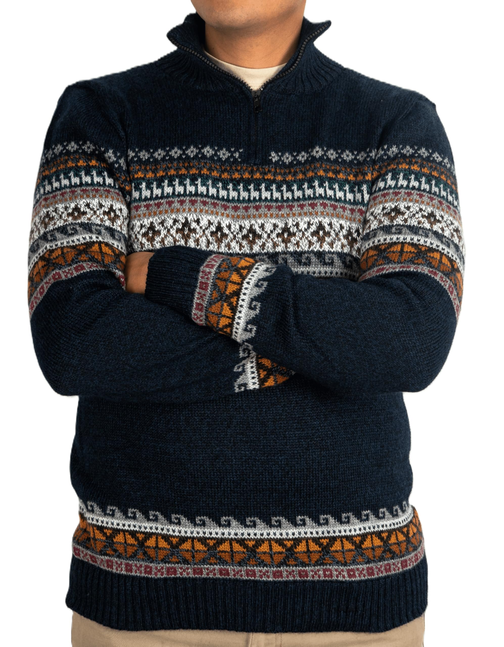 DILUKA Alpaka Pullover Herren (M) - Handgefertigter Anden Strickpullover mit Halb-Reißverschluss, Warmer Wollpullover aus Peru im Inka Muster, Weich & Atmungsaktiv