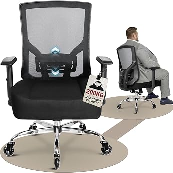 MELOKEA Office Chair 200 kg XL, Wide & Thick Spring Seat Cushion, Rubber Wheels, Ergonomic Office Chair, Adjustable Lumbar Su
