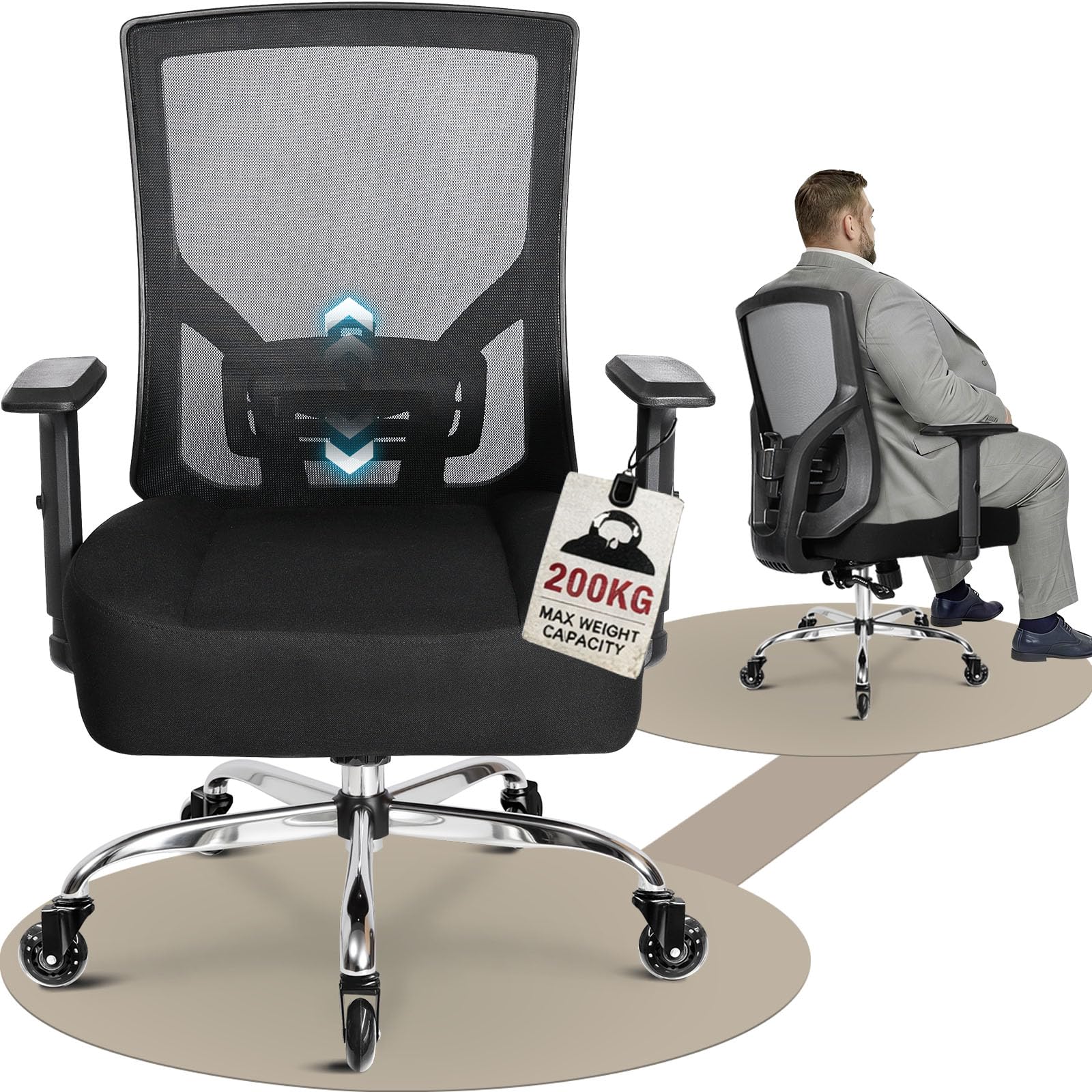 MELOKEA Bürostuhl 200KG XL [Lendenkissen Inklusive], Bürostuhl Ergonomisch | Breites & Dickes Federkern-Sitzkissen, Gummirollen,Verstellbare Lendenwirbelstütze, Stufenlose Neigungsfunktion, Home Office