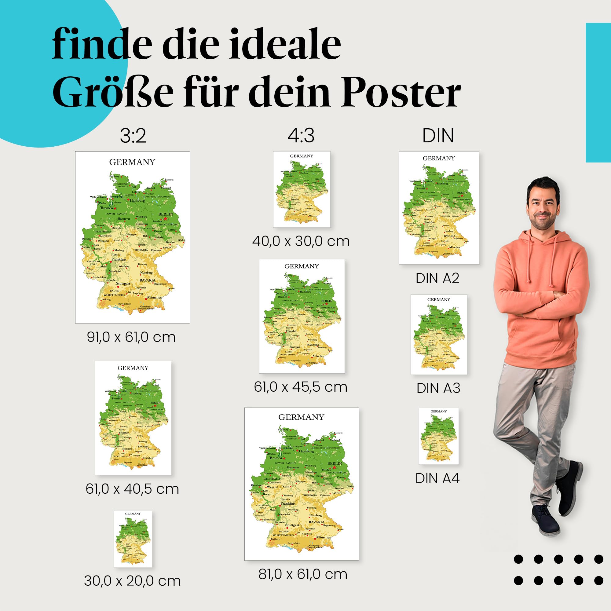 Postereck - 1189 - Deutschland Karte, Städte Englisch Bundesländer - Unterricht Klassenzimmer Schule Wandposter Fotoposter Bilder Wandbild Wandbilder - Leinwand - 100,0 cm x 75,0 cm