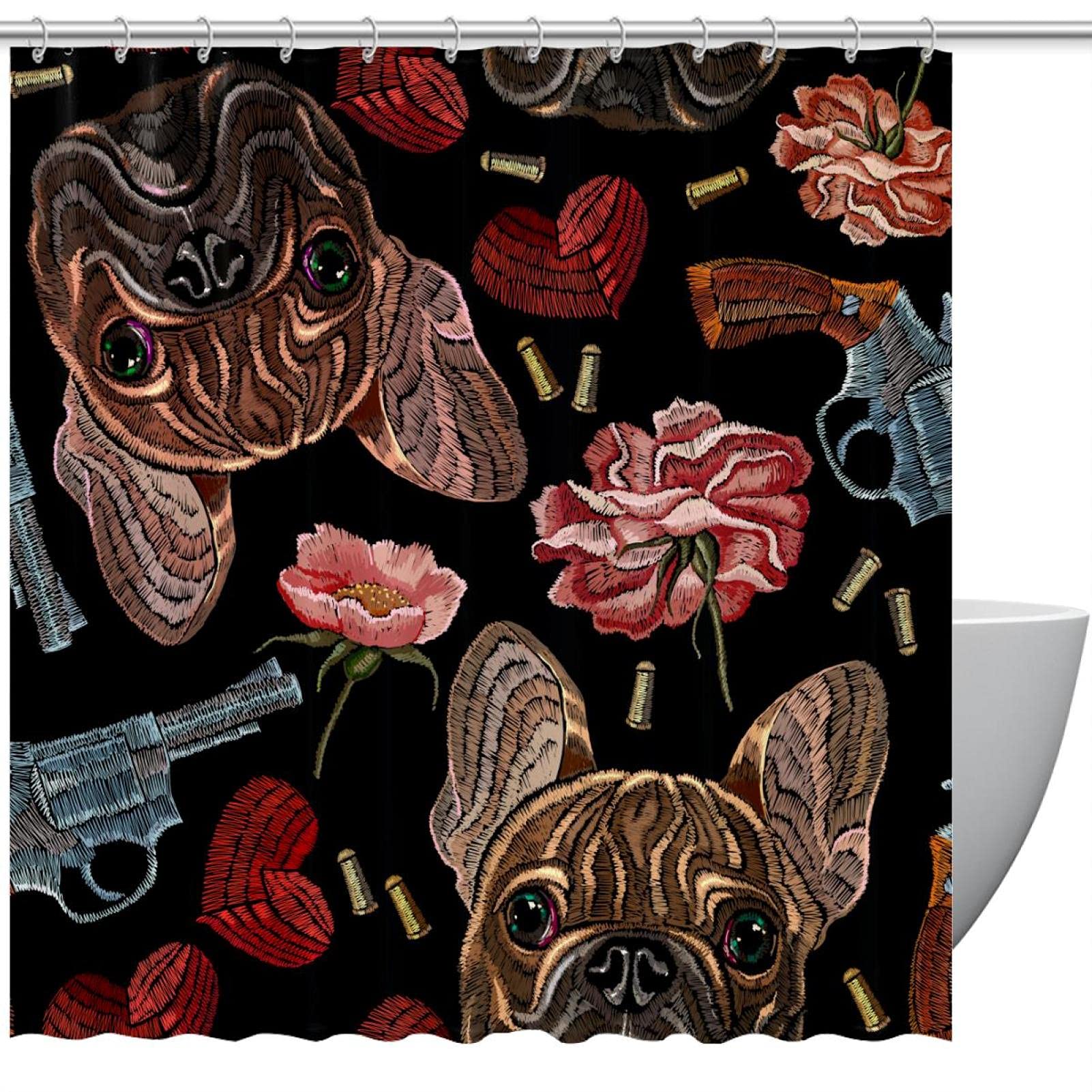 Rideau de douche chien brodé fleurs cœurs 183x183cm pour baignoire et douche