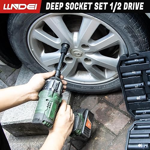 Miniatura 8 de LLNDEI Juego de llaves de impacto profundas de 1/2 pulgada, 37 piezas estándar SAE 3/8" a 1-1/4" métrico 8 a 24mm, incluye llave de bujía