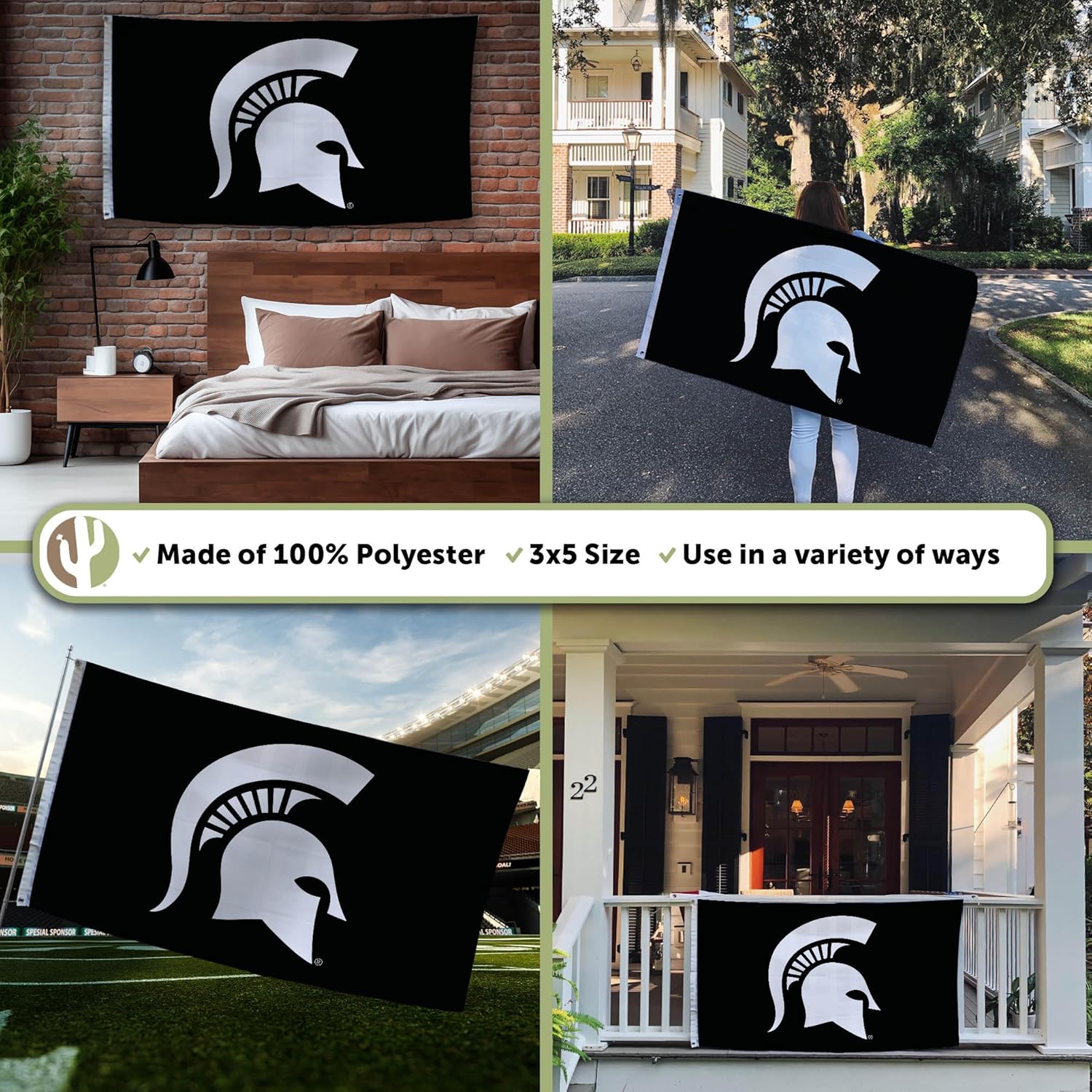 Desert Cactus Michigan State University MSU Flag - 3 x 5 Feet Spartans Banner, Indoor/Outdoor Durable Fabric, 100% Polyester Design (Design Y) - Image 3