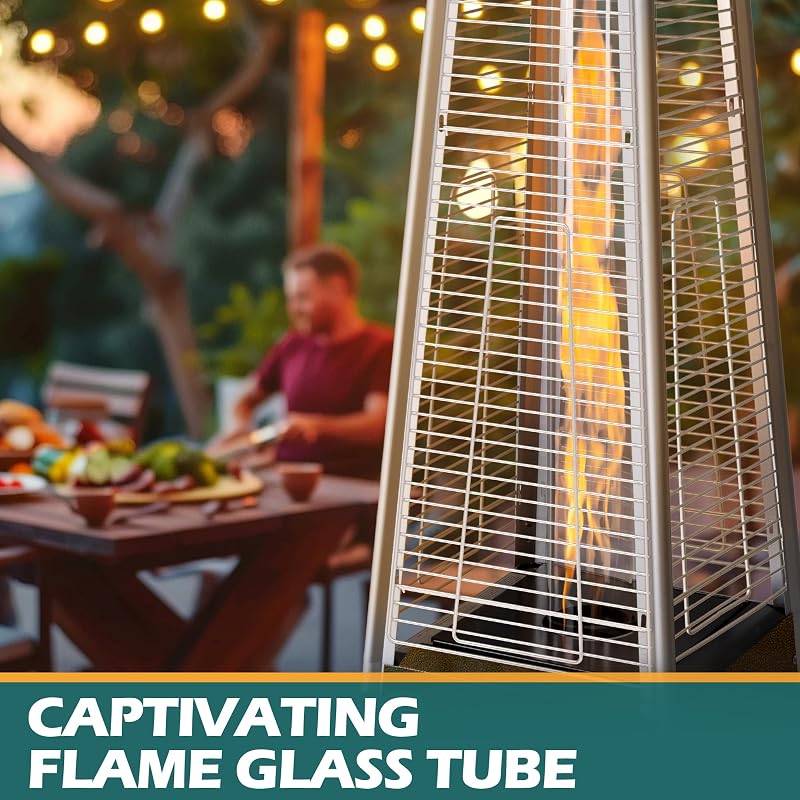 PATIOPIA Flame Pyramid Pool Heater, Triple Safety Protection Portable Patio Heater with Patio Cover, Warm Glass Tube with Durable Wheels-Brown image 7