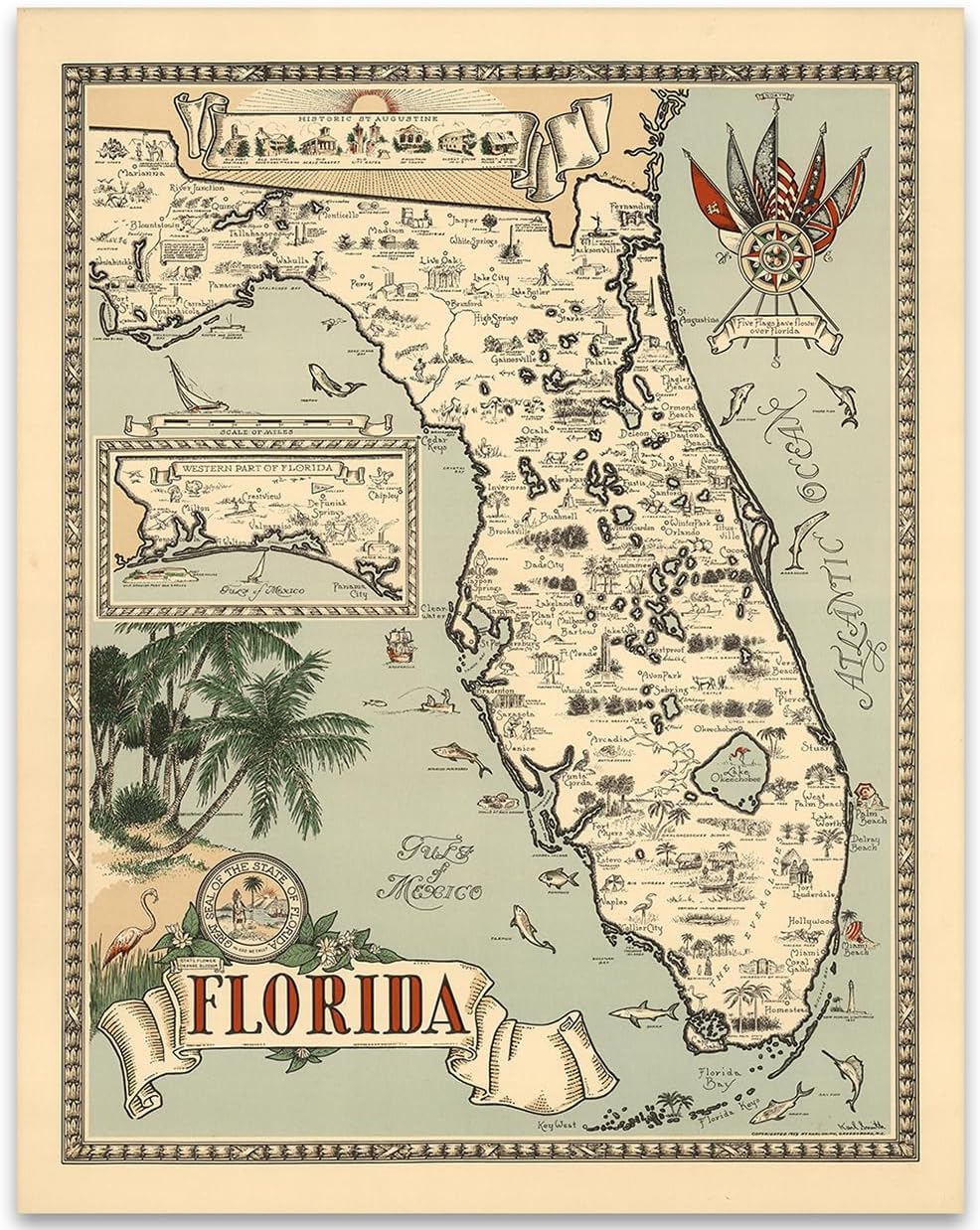 1954 Map of Florida Vintage Art 28x36 Unframed Print - Antique-Style Wall Art for Living Room, Library, Office, Classroom, Study - Illustrated State Map, Historic Landmarks, Gifts for Florida Lovers