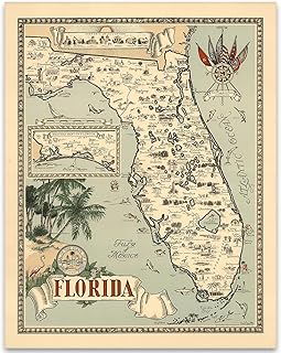 1954 Map of Florida Vintage Art 11x14 Unframed Print - Antique-Style Wall Art for Living Room, Library, Office, Classroom, Study - Illustrated State Map, Historic Landmarks, Gifts for Florida Lovers