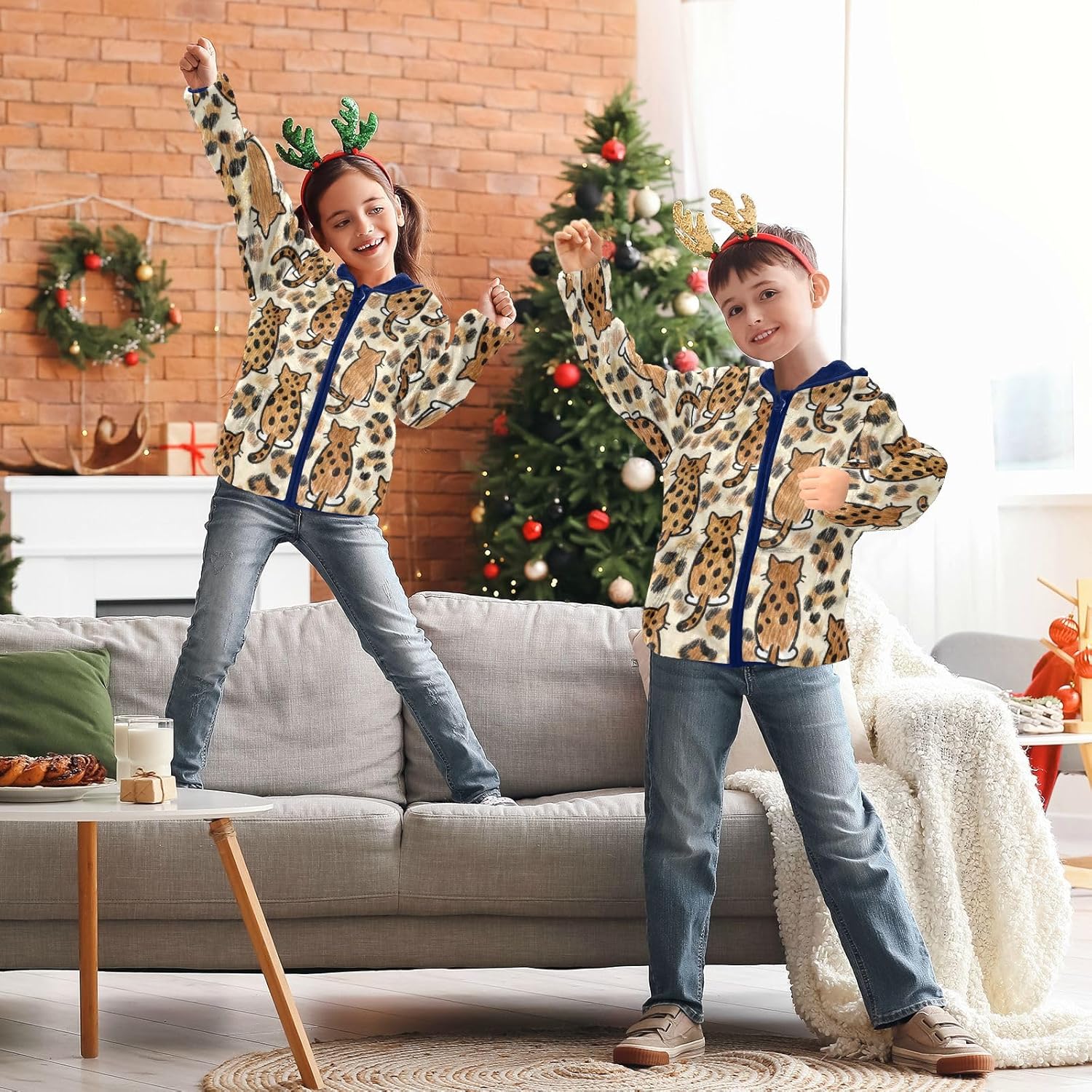 Brown Leopard Print Cartoon Cat Toddler Light Jackets Outerwear Jackets Navy Blue Baby Boy Hooded Fleece Jacket