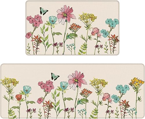 Tapetes de cocina para piso, 2 piezas, color crema, flores coloridas, mariposas, tapetes de cocina para frente del fregadero, alfombras de cocina