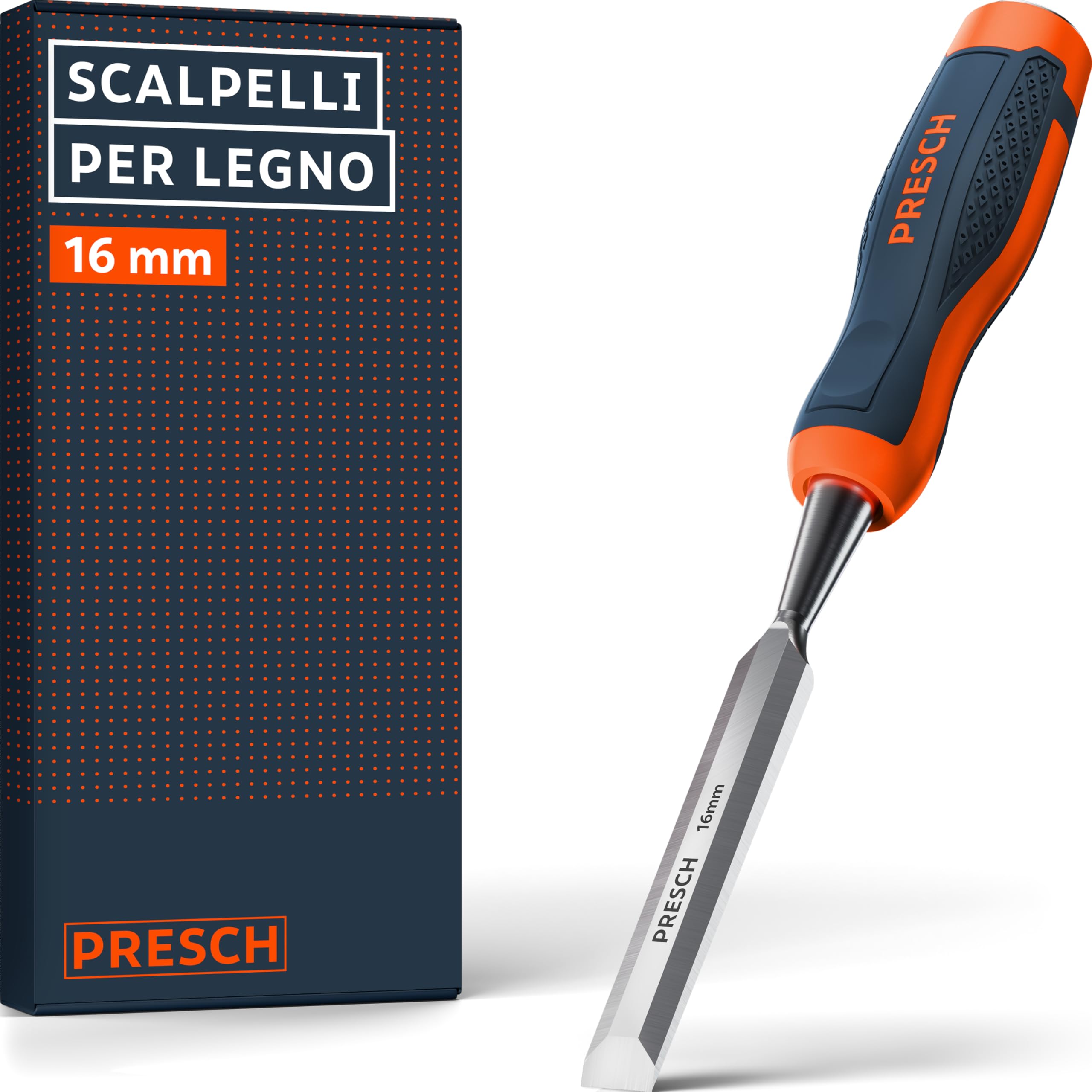 Presch Scalpello per legno 16mm - Completamente levigato per utilizzo immediato - Per professionisti con 25° angolo e robusta battuta in metallo - Impugnatura ergonomica per presa sicura