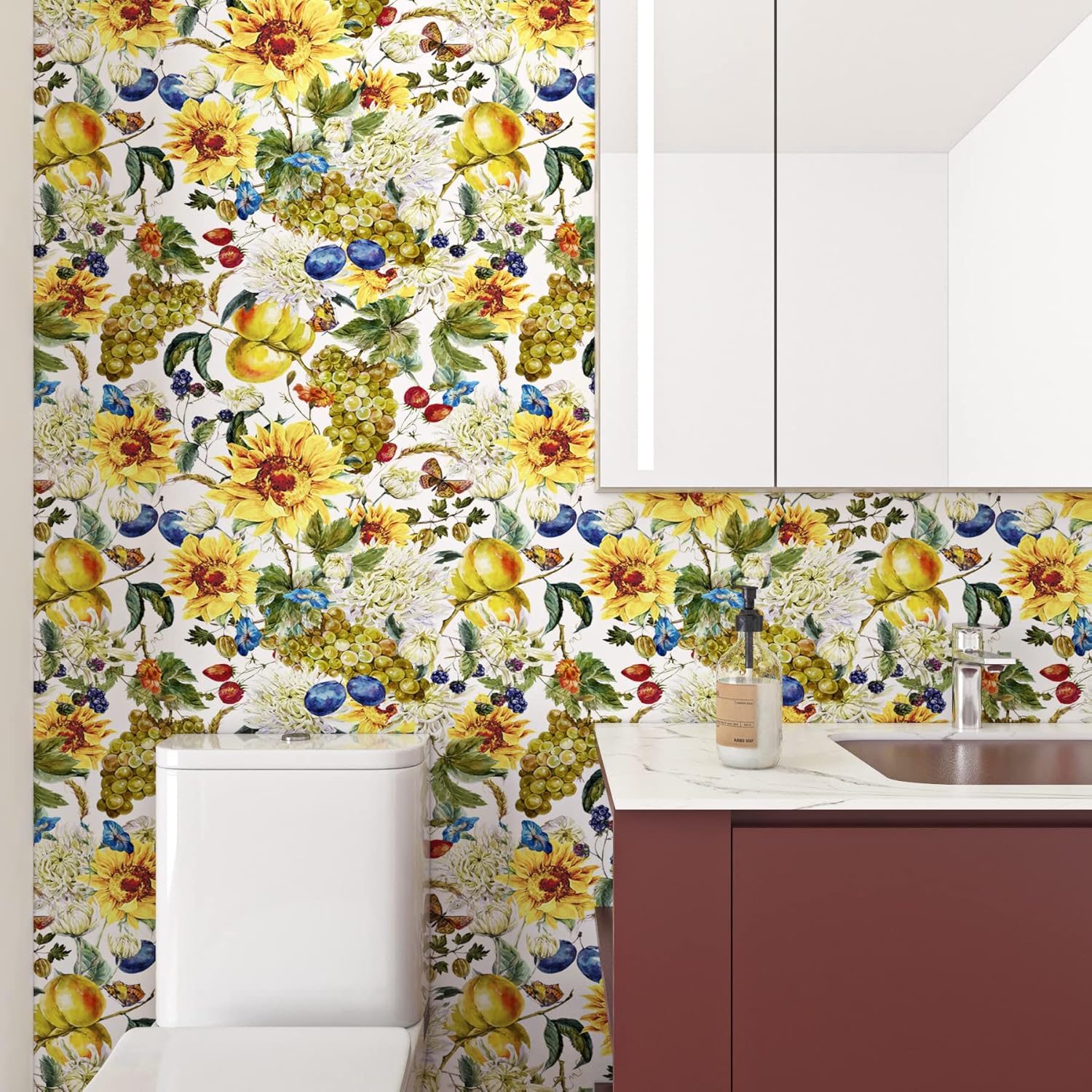 ReWallpaper Yellow Floral Peel and Stick Wallpaper 17.5in X 10ft Boho Fall Flowers Self Adhesive Wall Paper Roll Removable Decorative Contact Paper Peel & Stick Wall Mural Sunflower Green Grape White