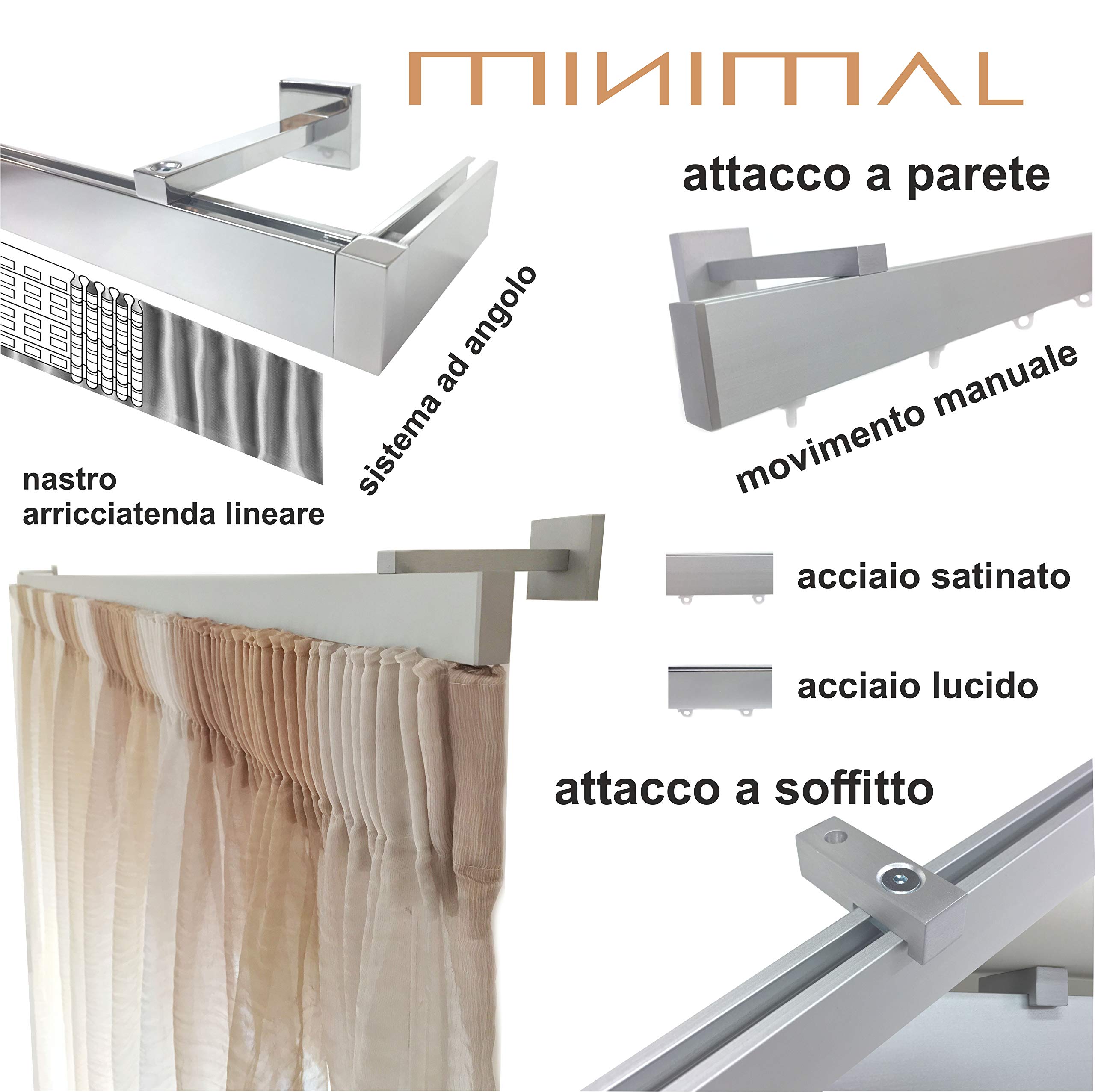 Binario per tende a soffitto e parete in alluminio acciaio satinato o lucido con scorrevoli da interno bastone per tendaggi tenda su misura moderni scorrimento movimento manuale strappo zineffa