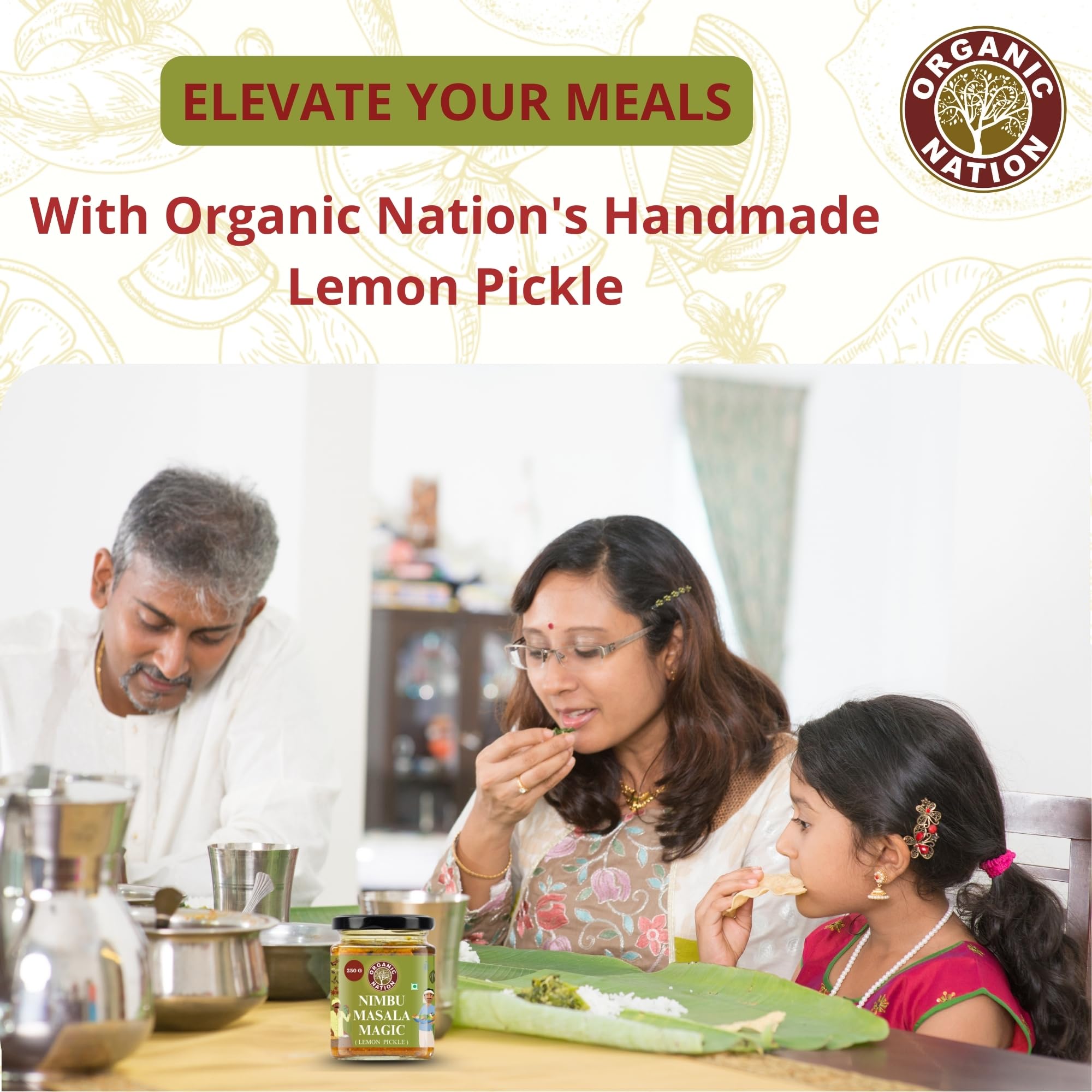 ORGANIC NATION Zesty & Authentic Lemon Pickle | Premium Lemon Achar with Tangy & Spicy Flavour Traditional Nimbu Ka Achar Natural & Preservative-Free 250g Jar Bright Yellow Delight for Every Meal 4