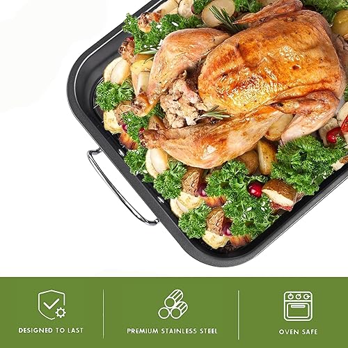 Miniatura 3 de Sartén antiadherente con estante, sartén para asar pavo de 14 pulgadas con estante, olla asadora resistente para pavo, pollo, verduras, lasaña