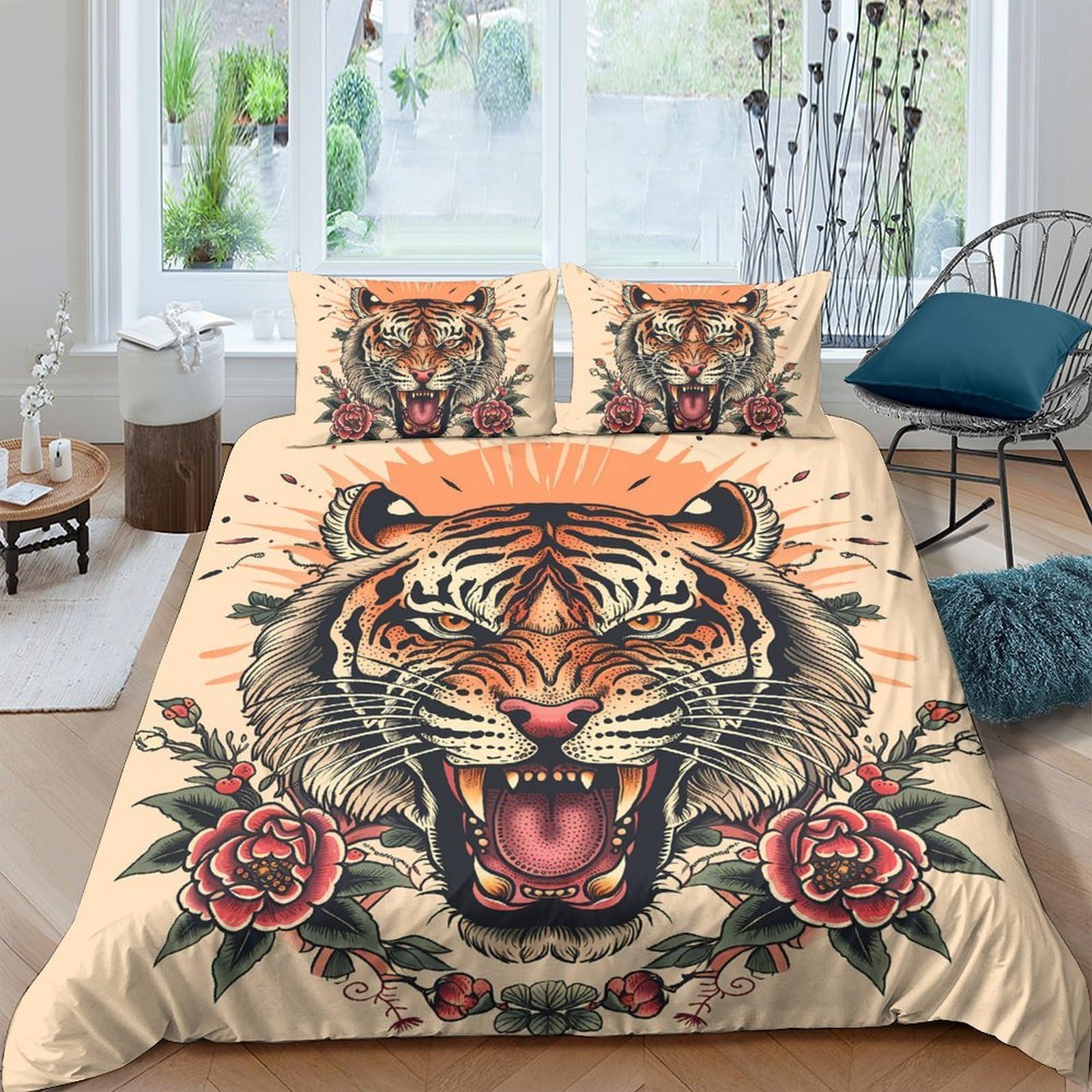 Ctjqhvkz Style-5 3D Printed Roaring Tiger Fitted Sheet Microfiber Animal Floral Bed Cover Decorative For Bedroom Dorm Mattress Protection Single（135X200cm）