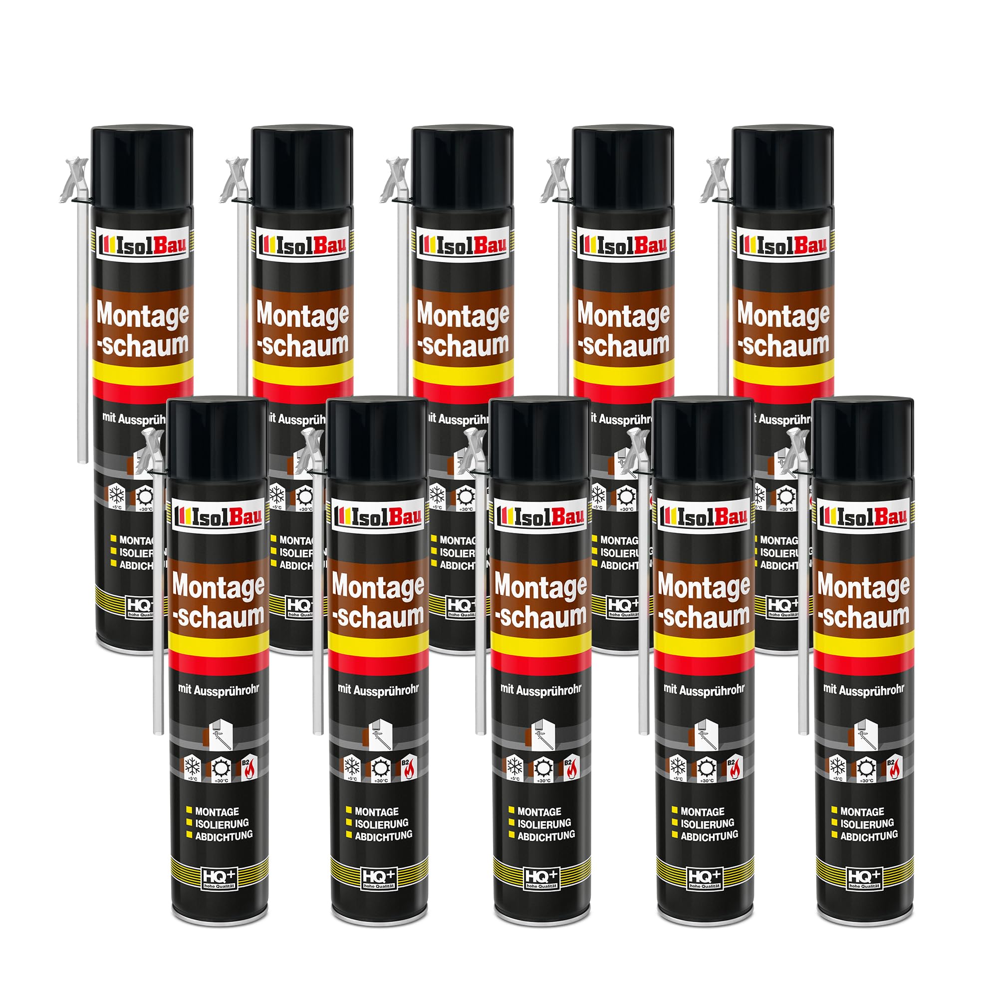 Isolbau Bauschaum B2 Montageschaum mit Aussprührohr - PU-Pistolenschaum Adapterschaum für Montage, Isolierung, Abdichtung, Innen & Außen - 10 x 750 ml
