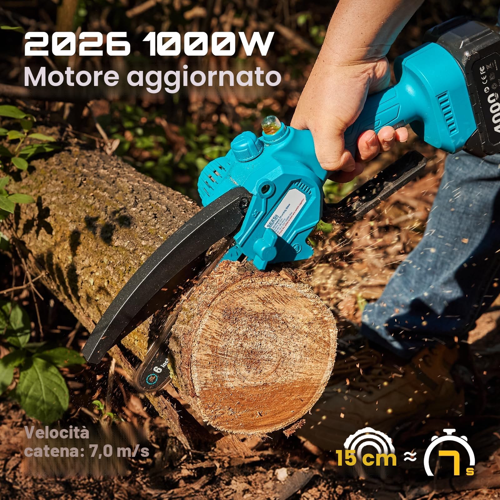SEESII Mini Motosega a Batteria da 6 Pollici con Batterie 2x4.0Ah | Motosega Elettrica Leggera con Lubrificazione Automatica e maniglia, Perfetta per Giardinaggio, Taglio Legna e Campeggio