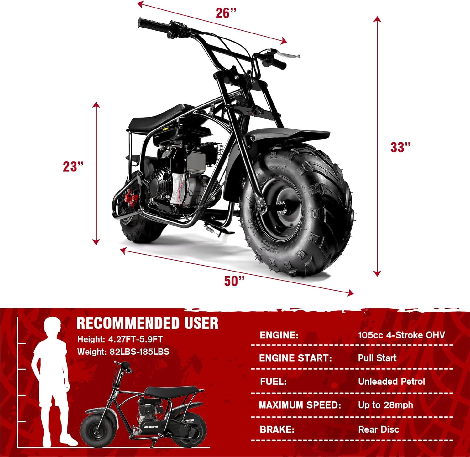 Oryxearth 105cc 4-Stroke Dirt Off Road Trail, 28mph, Gas Powered Mini Bike with Automatic Transmission and Pull Start for Adult and Teens, Weight Support 185 LBS