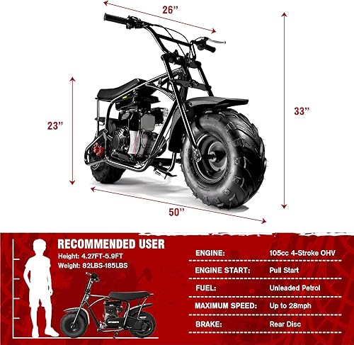 Miniatura 5 de Oryxearth Mini bicicleta de tierra todoterreno de 105cc de 4 tiempos, 28mph, a gasolina con transmisión automática y arranque de tirón para adultos