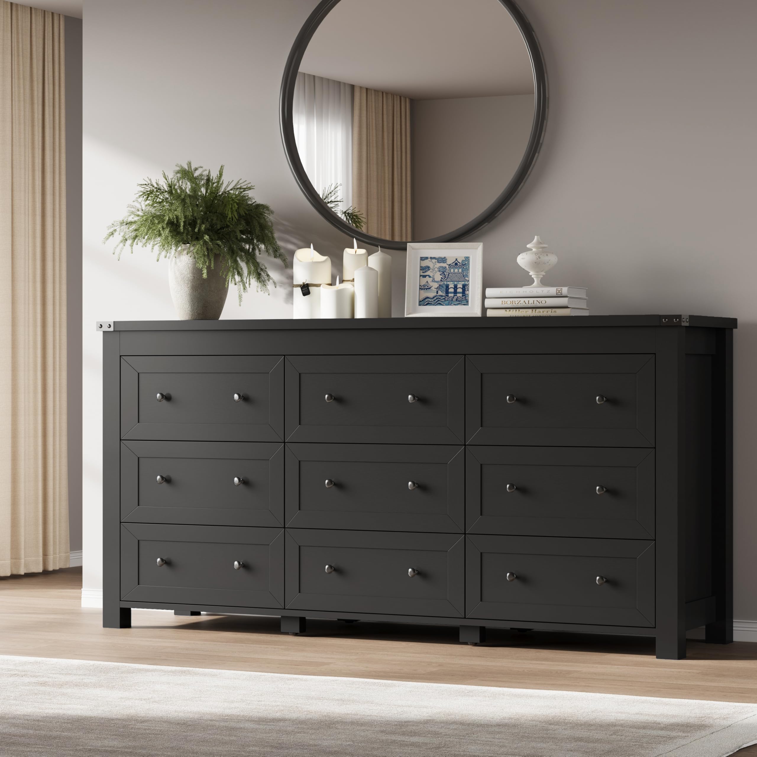 BORNOON 9-Drawer Dresser, Modern Wooden Storage Chest of Drawers, Dresser TV Stand, Wood Drawer Organizer with Metal Handles for Bedroom, Living Room, Hallway