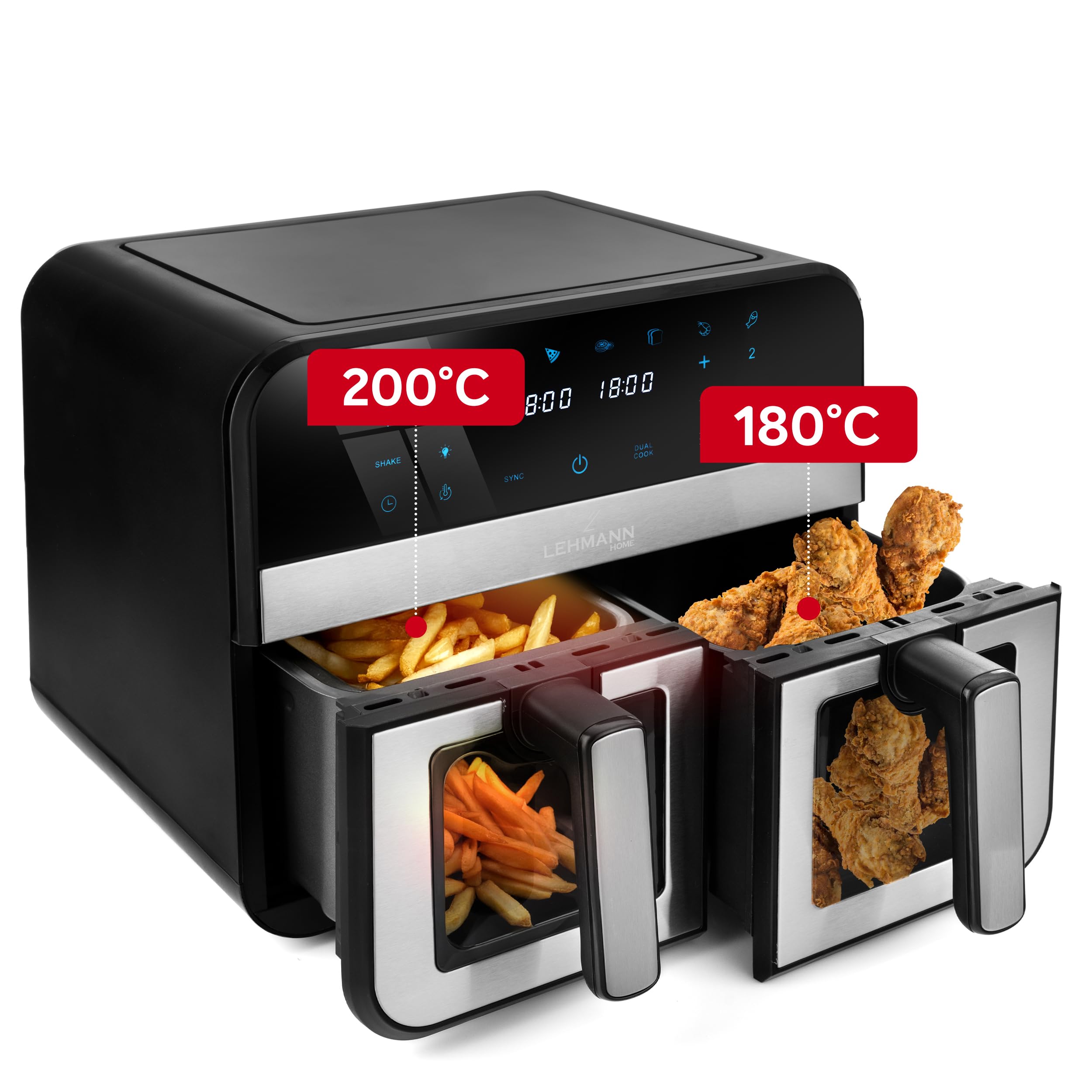 LEHMANN Air Fryer 9L, Dual Friteuse sans Huile avec 2 Tiroirs, 2400W, 12 Programmes, Température ajustable de 80-200 ºC, Contrôle WIFI, Écran Tactile, pour les Grandes Familles avec Enfants