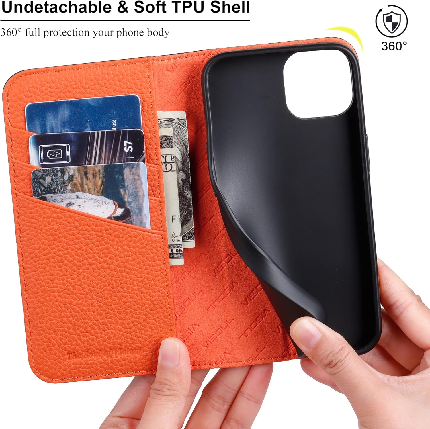 VISOUL Genuine Leather Wallet Case for iPhone 14, Pebbled Leather Magnetic Flip Folio Cover with Card Holder Kickstand Compatibe with iPhone 14 (6.1 inch)-Black+Orange