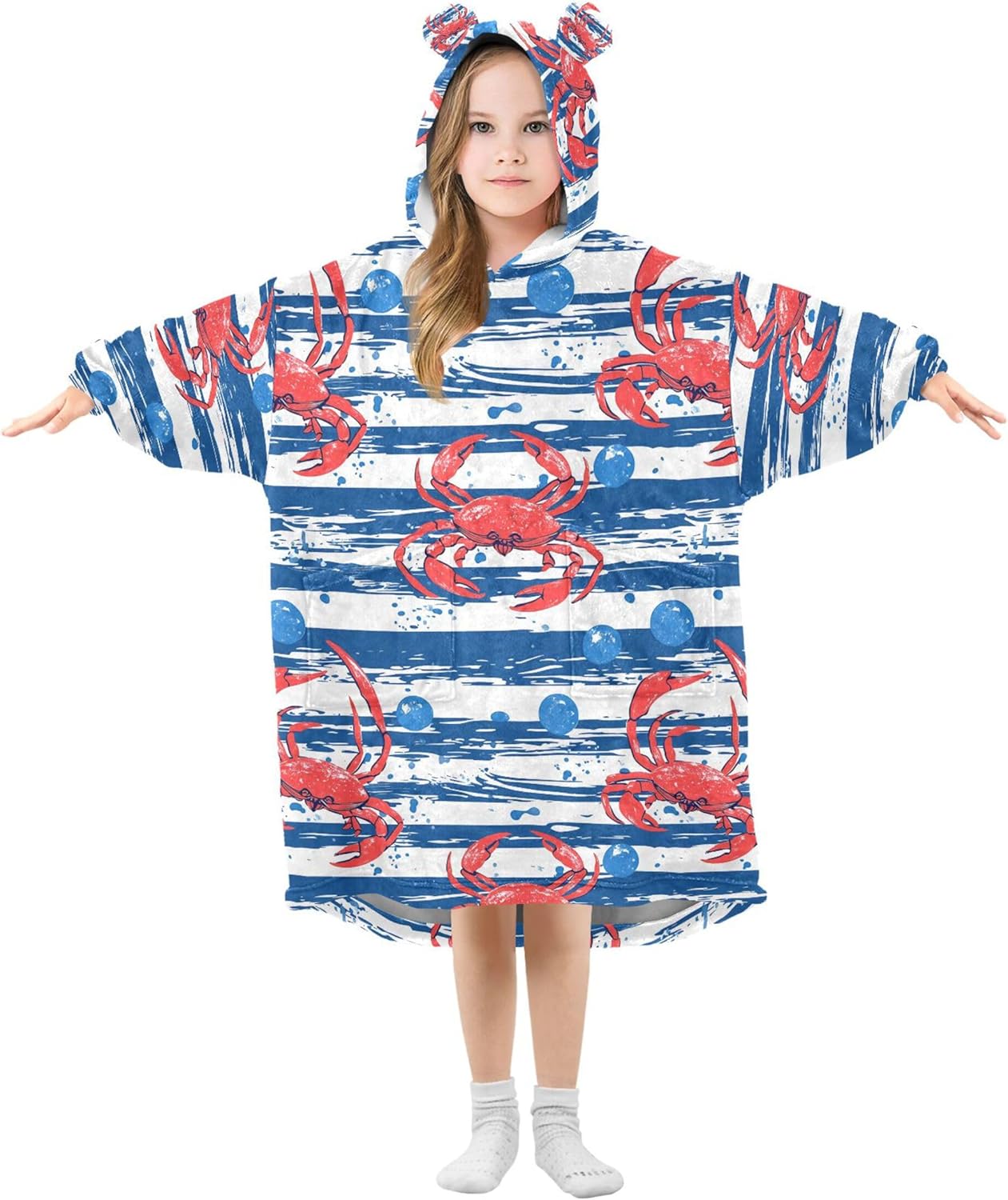 Cute Crab Stripe Kids Wearable Blanket Hoodie with Pocket and Sleeves for Toddlers, Cute Hoodies Girls Boys B0404076
