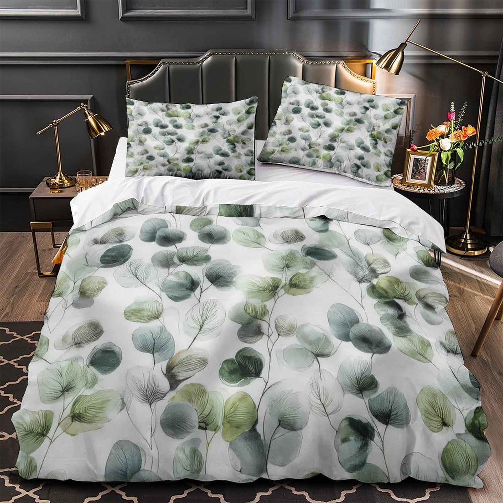 Parure de lit 200x200cm feuilles d'eucalyptus avec housse de couette microfibre pour lit double