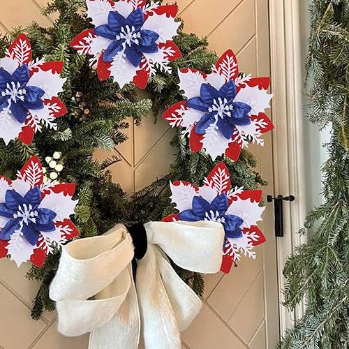 Miniatura 51 de GREENTIME 12 flores de Pascua artificiales azules con purpurina de 5.5 pulgadas, flores de Navidad con clips, tallos de Navidad, adornos para árbol