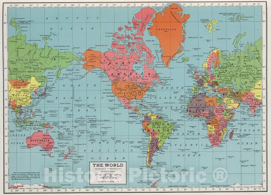新品・未開封　bolt from the blue　World Maps 1949 Antique WORLD Map Vintage Map of the WORLD Gallery Wall