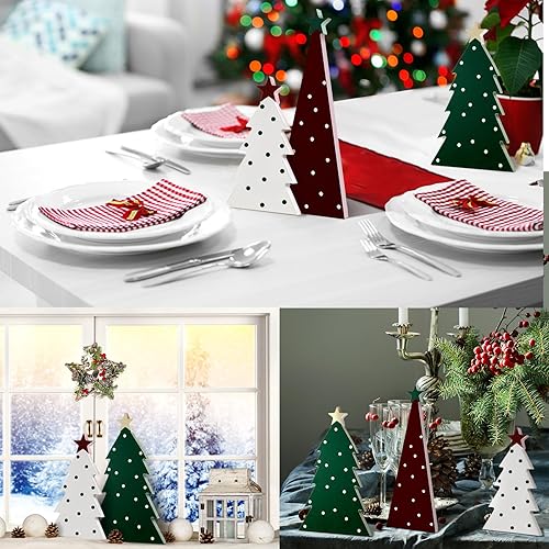 Miniatura 5 de Maitys 3 piezas de árbol de Navidad decoración de mesa de madera para árbol de Navidad con estrella en miniatura, árboles de Navidad rústicos, casa