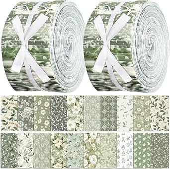 Ganeen 100 Pcs Sage Green Fabric Roll for Rug Batting Greenery Fabric Strips Jelly 2.56 Inch Leaves Floral Precut Quilting Square Bundle for Spring Patchwork Materials Blanket Purse Sewing DIY Crafts
