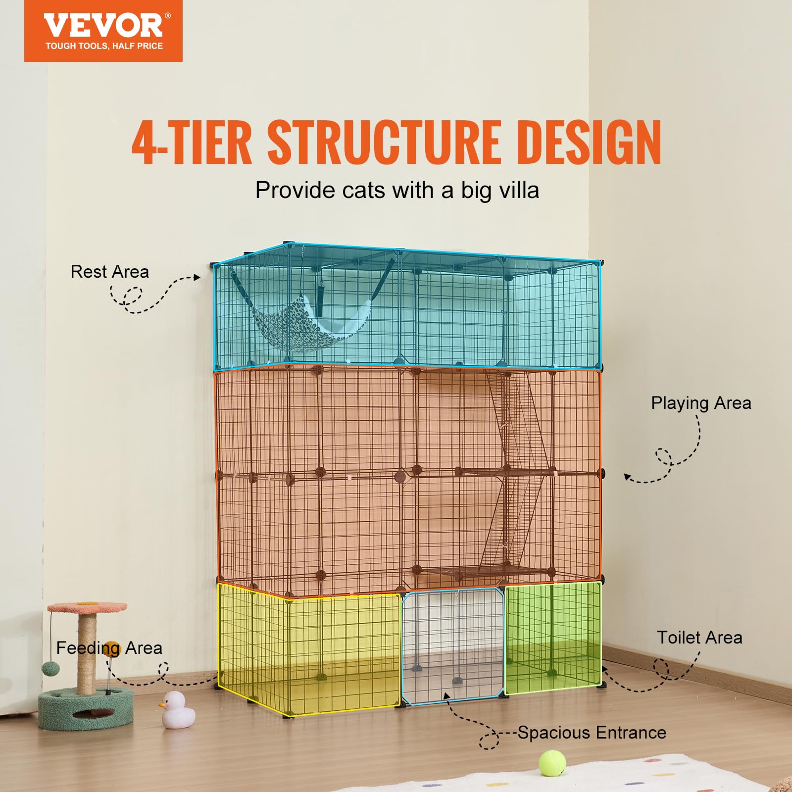 VEVOR Cage Chat 4 Niveaux, Grand Enclos Chats Fil Métallique Modulable Amovible à Monter, avec 4 Portes Avant, Échelle, Hamac, Espace Exercice Extérieur Intérieur pour Petits Animaux, 1041x711x1397 mm