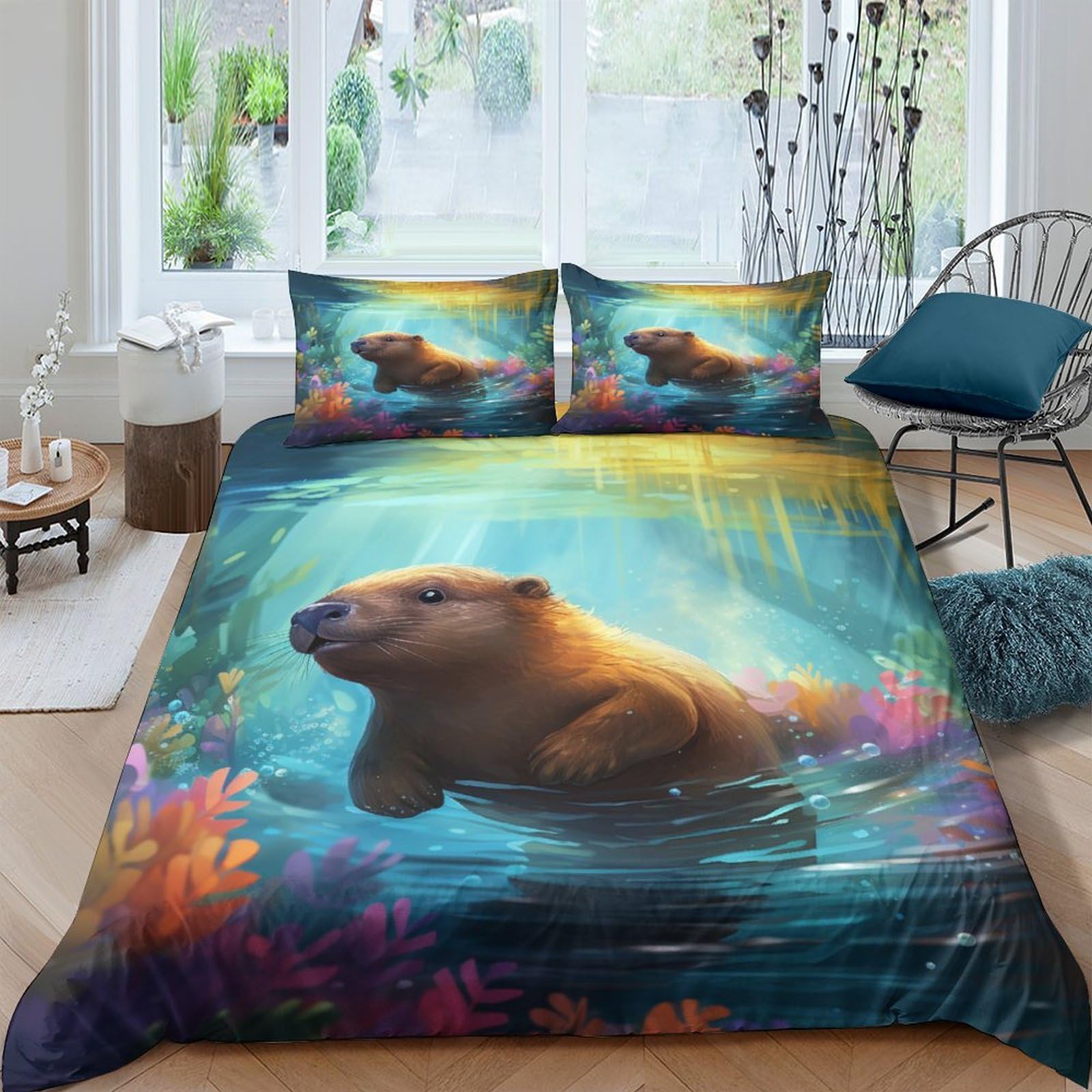 Lontra 3 Pezzi Copripiumino Motivo Per Bambini Adulto Set Biancheria Singolo,Matrimoniale Lontra Copripiumino,Anti-acaro Con Chiusura A Cerniera Facile Da Pulire Grande（220x240cm）