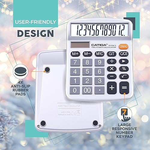Vista 12 de CATIGA CD-2786 - Calculadora de escritorio de 12 dígitos con pantalla LCD grande y botón sensible, energía solar dual y batería, función estándar