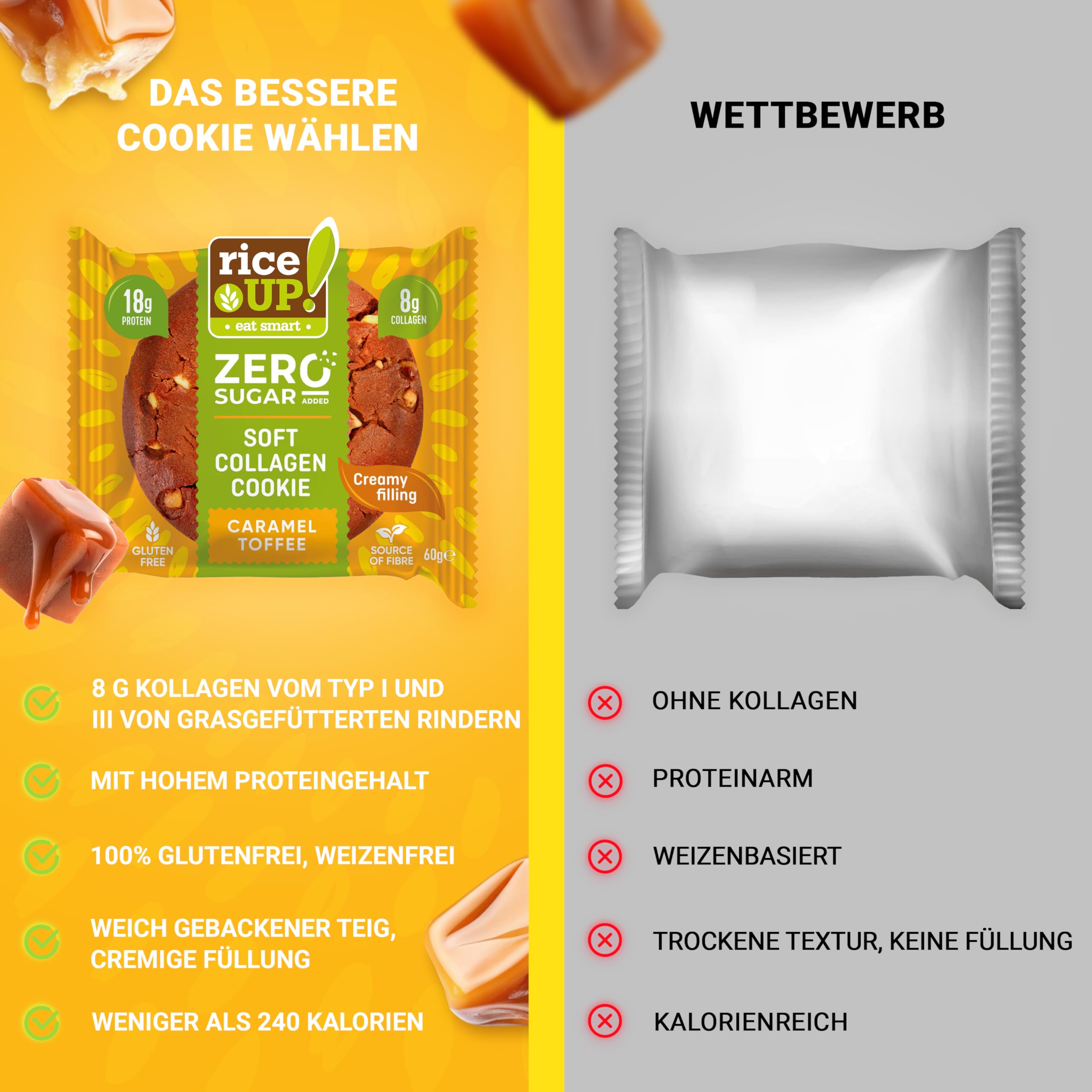 RiceUP! Eat Smart Weicher Protein Keks mit Kollagen – Toffee-Caramel-Geschmack, 10 x 60g | 8g Kollagen-Peptide (Typ I+III), 18g Protein, ohne Zuckerzusatz | GLUTENFREI (10 x 60g, Toffee)