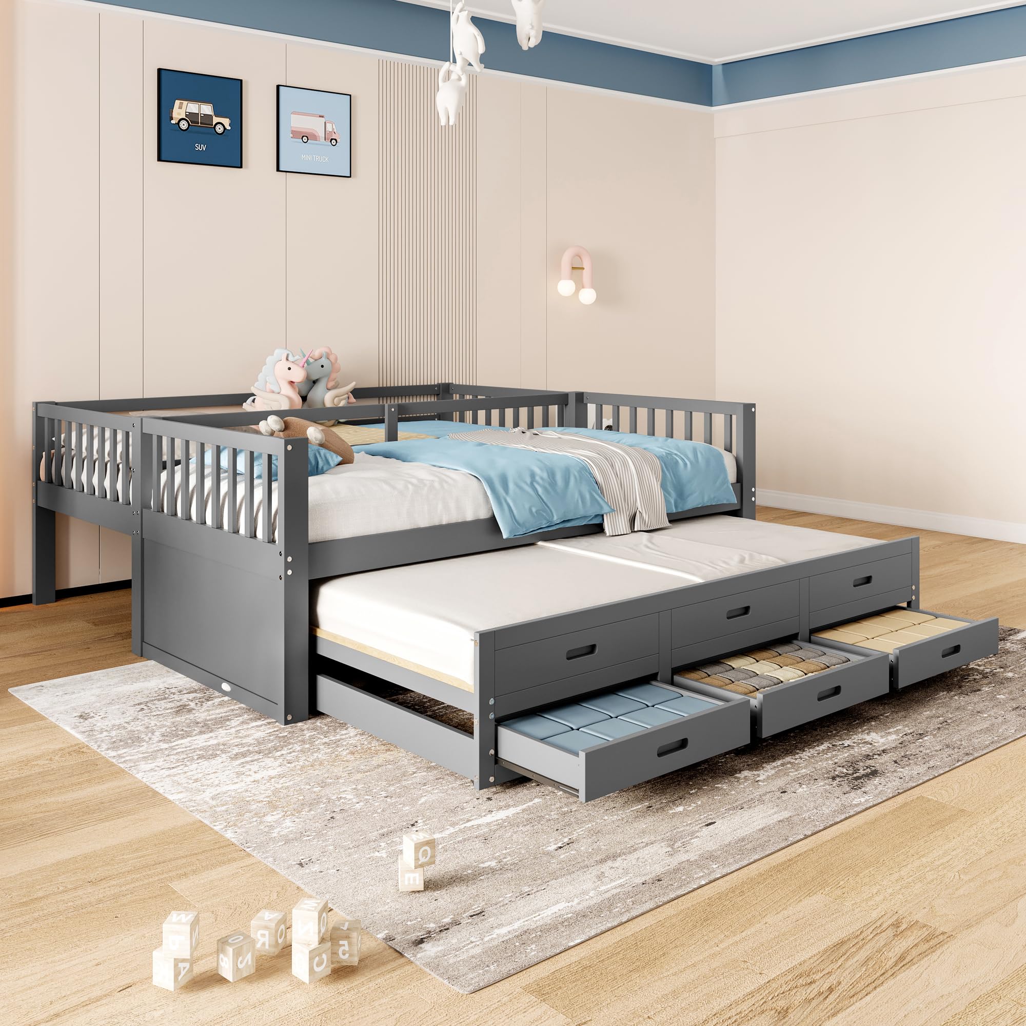 Sapgaks Lit Enfant 90x200 Lit Superposé Enfant Extensible, Lit Double Protection Anti Chute, pour Filles et garçons, Cadre de lit en pin et MDF avec échelle 3 tiroirs, Gris(sans Matelas)