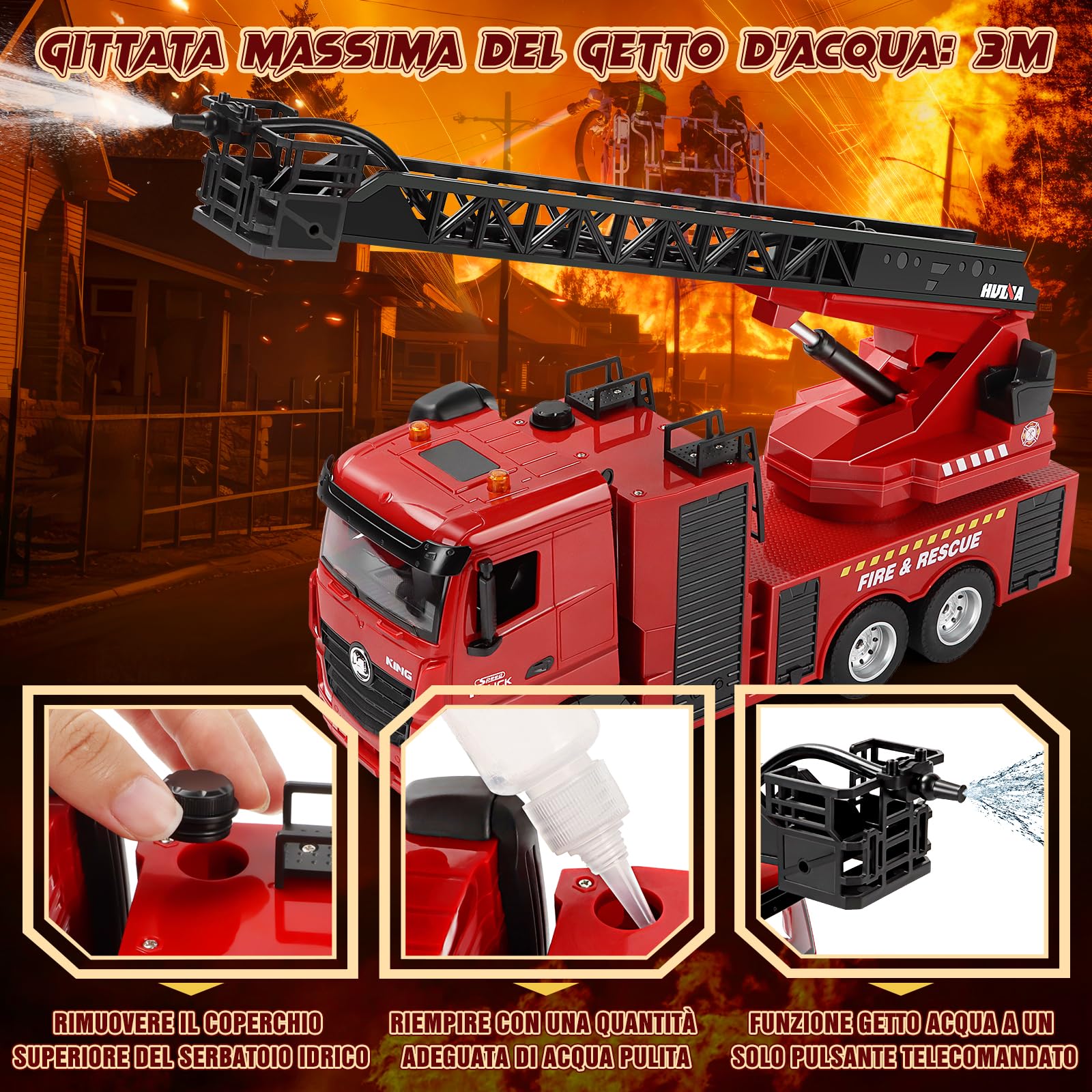 Joellfuner Camion Pompieri Giocattolo, 1:18 15 Canali Camion Pompieri Telecomandato, Giochi Vigili del Fuoco Radiocomandato Grande con Luci, Scala Retrattile e Pompa Spruzzatrice d'acqua per Bambini