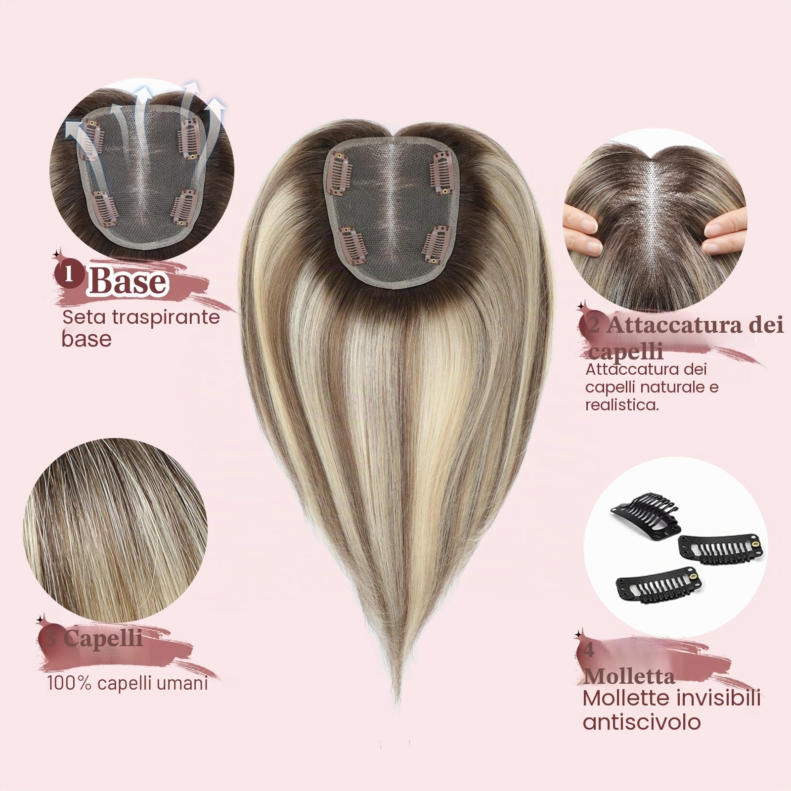 Topper per capelli umani da donna, Capelli veri 40g, Base in pizzo migliorata, 30,5 cm (Castano chiaro sfumato con riflessi biondi, 30,5 cm)