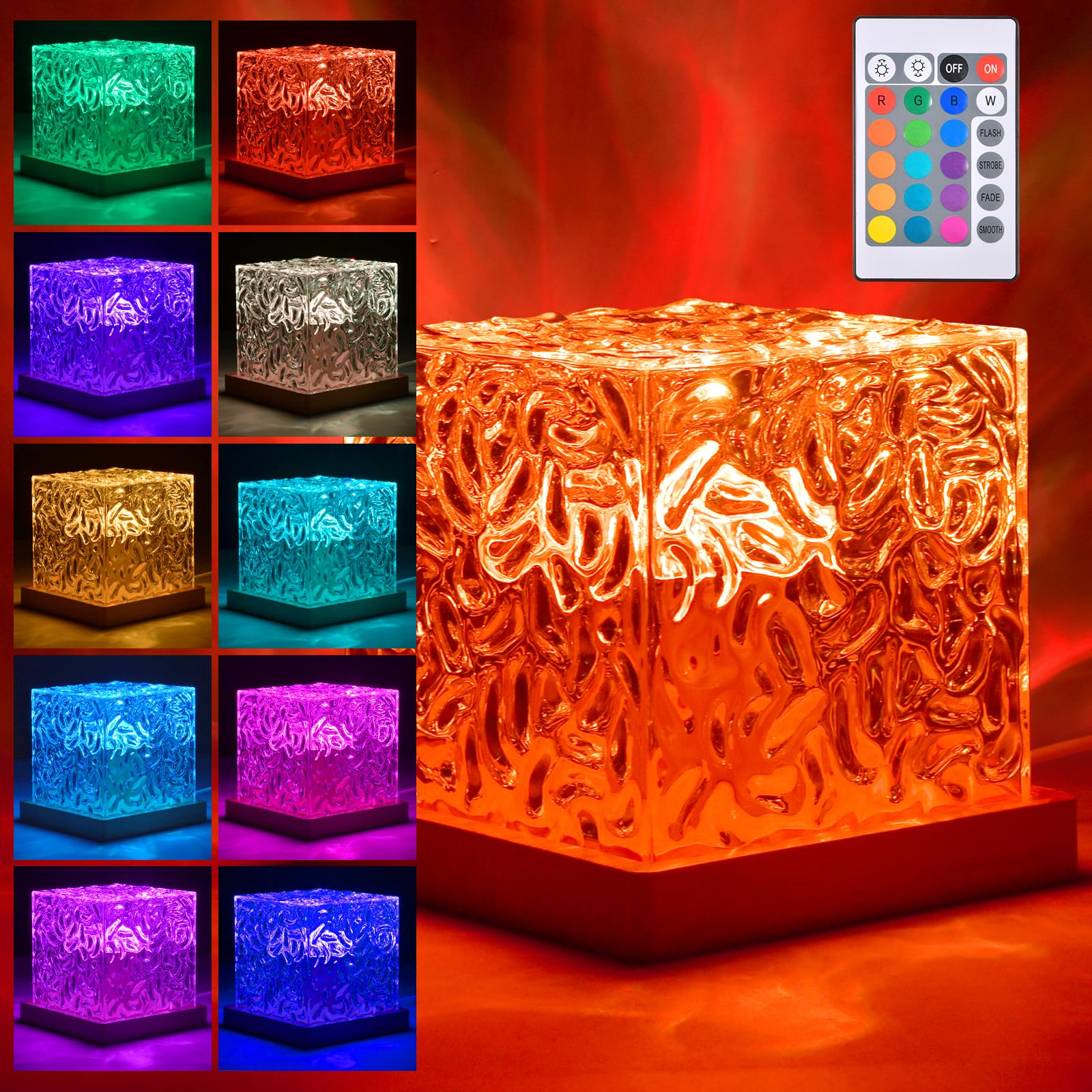 Aurora Lampe Mit Fernbedienung Wave Cube Lampe 16 Farben | 3D Aurora LED  Mit Fernbedienung - 11,2cm Holzsockel LED Wasserwellen Lampe 16 Farben, image size:1600x1600