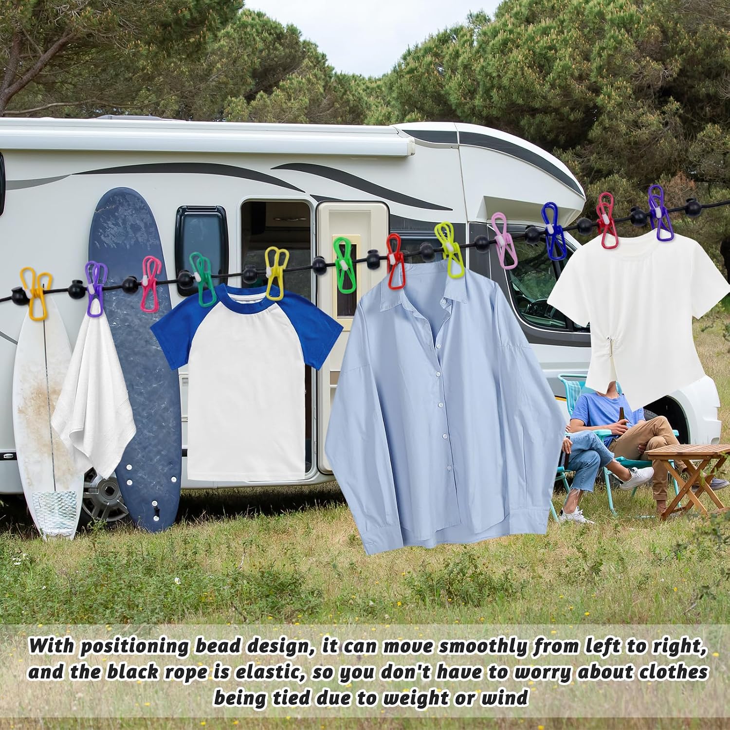 Camping Clothesline, Portable Travel Clothesline, Outdoor Clothesline, Extendable with 12 Pieces Colourful Clips for Indoor and Outdoor Use, Balcony, Camping Outdoors