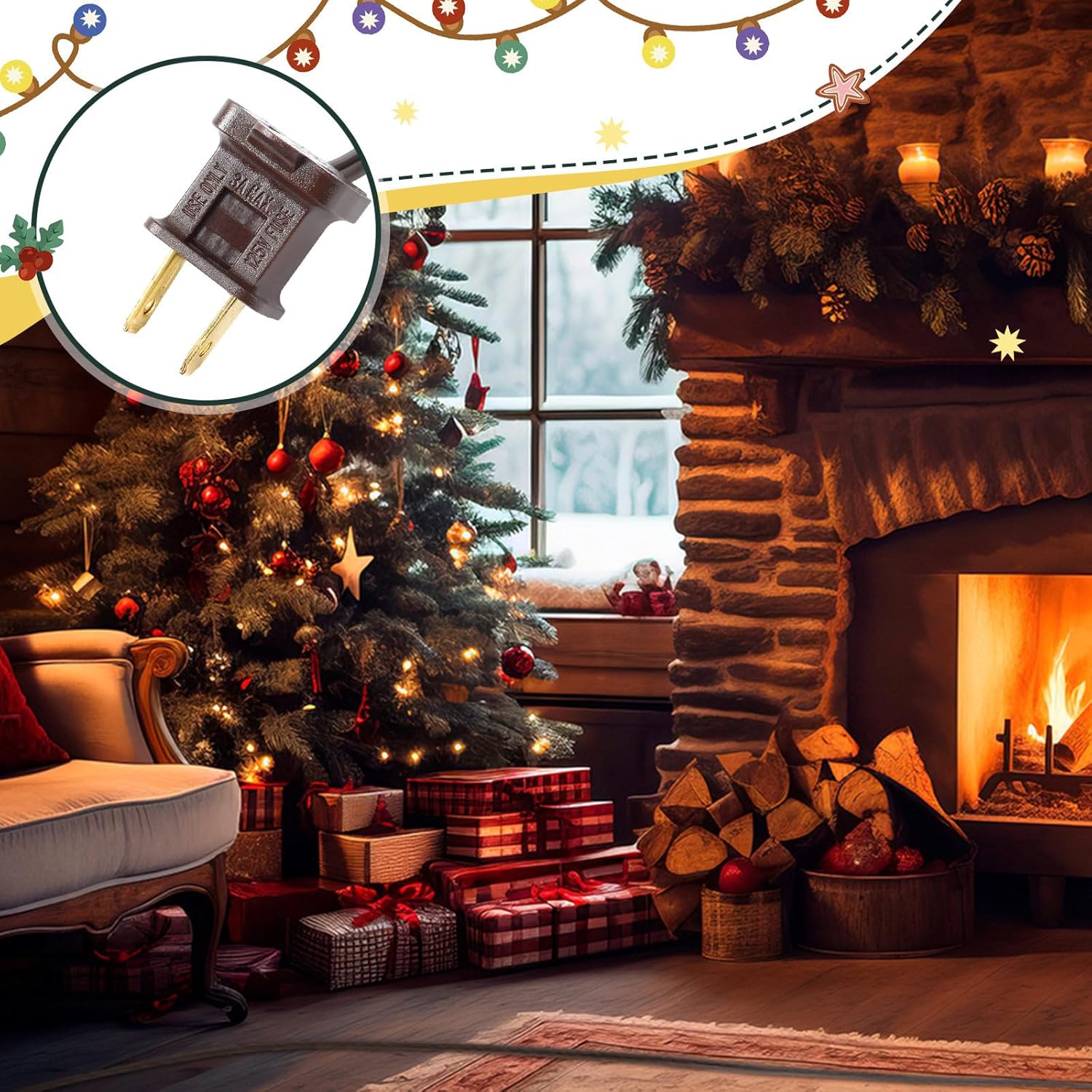Kanayu 5 Pack 12 ft Brown Indoor Extension Cord 2 Prong Electric Cord Extender, Wire Plug in and End, Ac 120 Volts, for Outdoor Christmas Connect or Extend String Lights