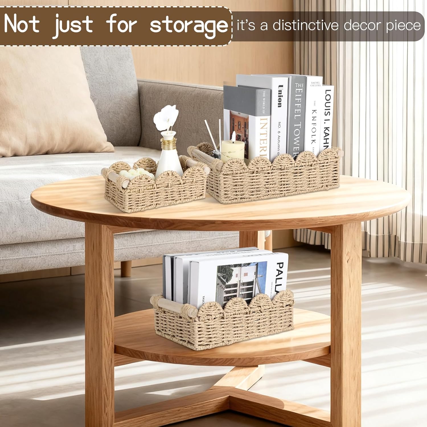 3 Pack Scalloped Edge Storage Baskets, Toilet Paper and Decor Organizer with Wooden Handles for Bathroom Over Toilet, Living Room, Bedroom, Shelves and End Table (Beige)