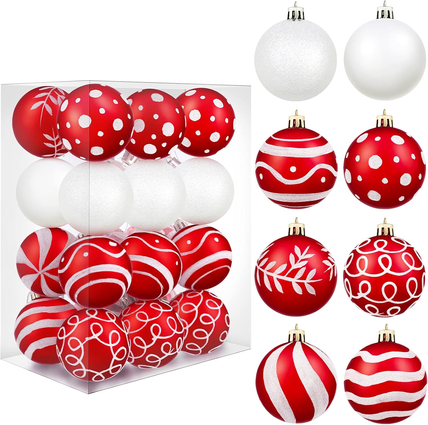 MCEAST 24 Pieces Christmas Ball Ornaments Painting & Glittering Christmas Tree Pendants Shatterproof Decorative Baubles in 8 Patterns for Christmas Tree Decorations, Red and White