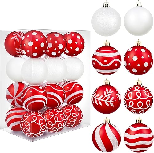 Miniatura 7 de MCEAST 24 adornos de bolas de Navidad, pintura y colgantes brillantes para árbol de Navidad, bolas decorativas inastillables en 8 patrones para