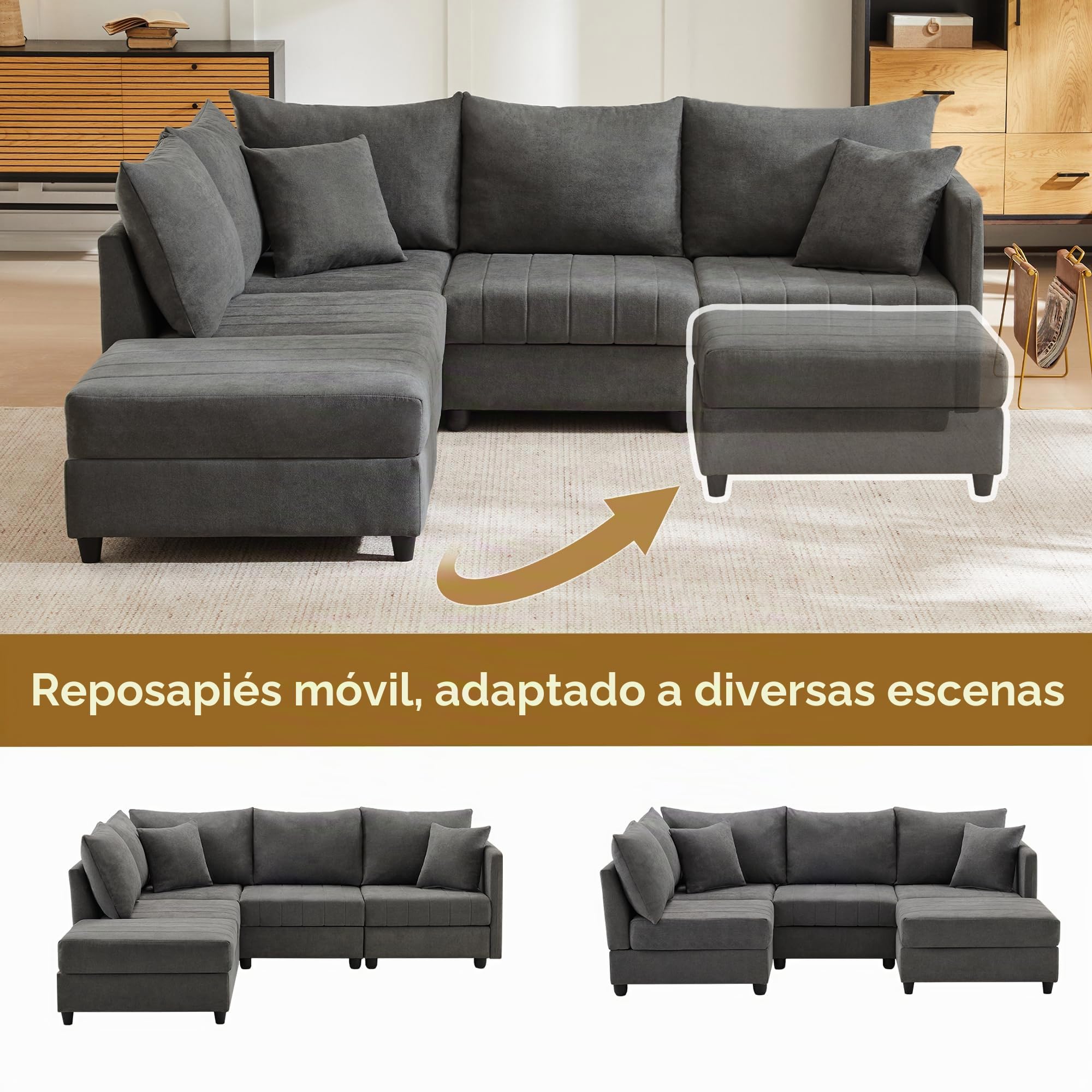 Sofá esquinero moderno 5 plazas rayas verticales convertible en forma de L U sofá modular salón gris