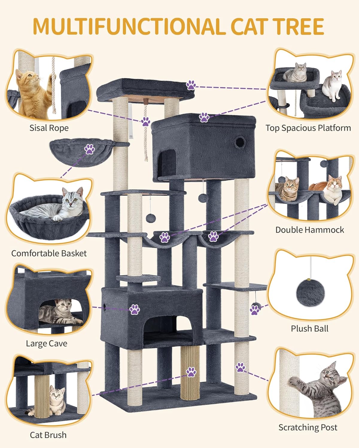 Hzuaneri Cat Tree, 200cm XXL Cat Tree with 10 Scratching Posts, 2 Caves, 2 Hammocks, Large Platform, Cat Brushes, Basket, Heavy Duty Cat Tree for Maine Coons, Large Cats, Dark Grey MS20018SG