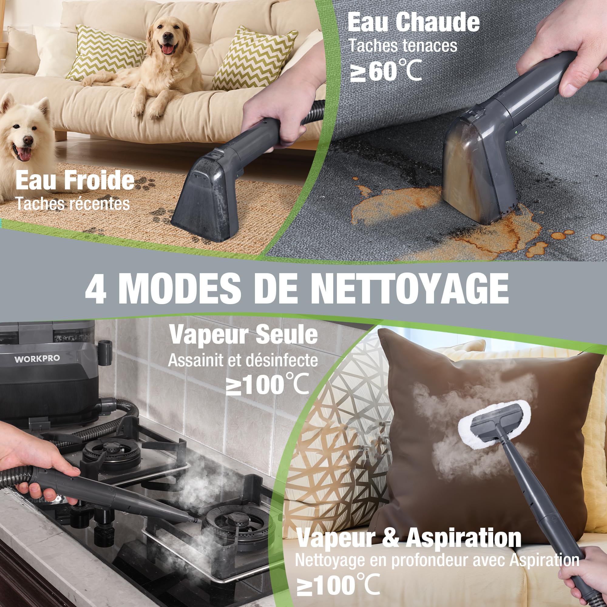 WORKPRO Shampouineuse et Nettoyeur Vapeur 4 en 1 pour Tapis et Tissus d’Ameublement avec Aspirateur Laveur 16 kPa, 4 Modes de Nettoyage, Nettoyeur Canapé Tissu, Matelas, Rideaux, Poils, Voiture