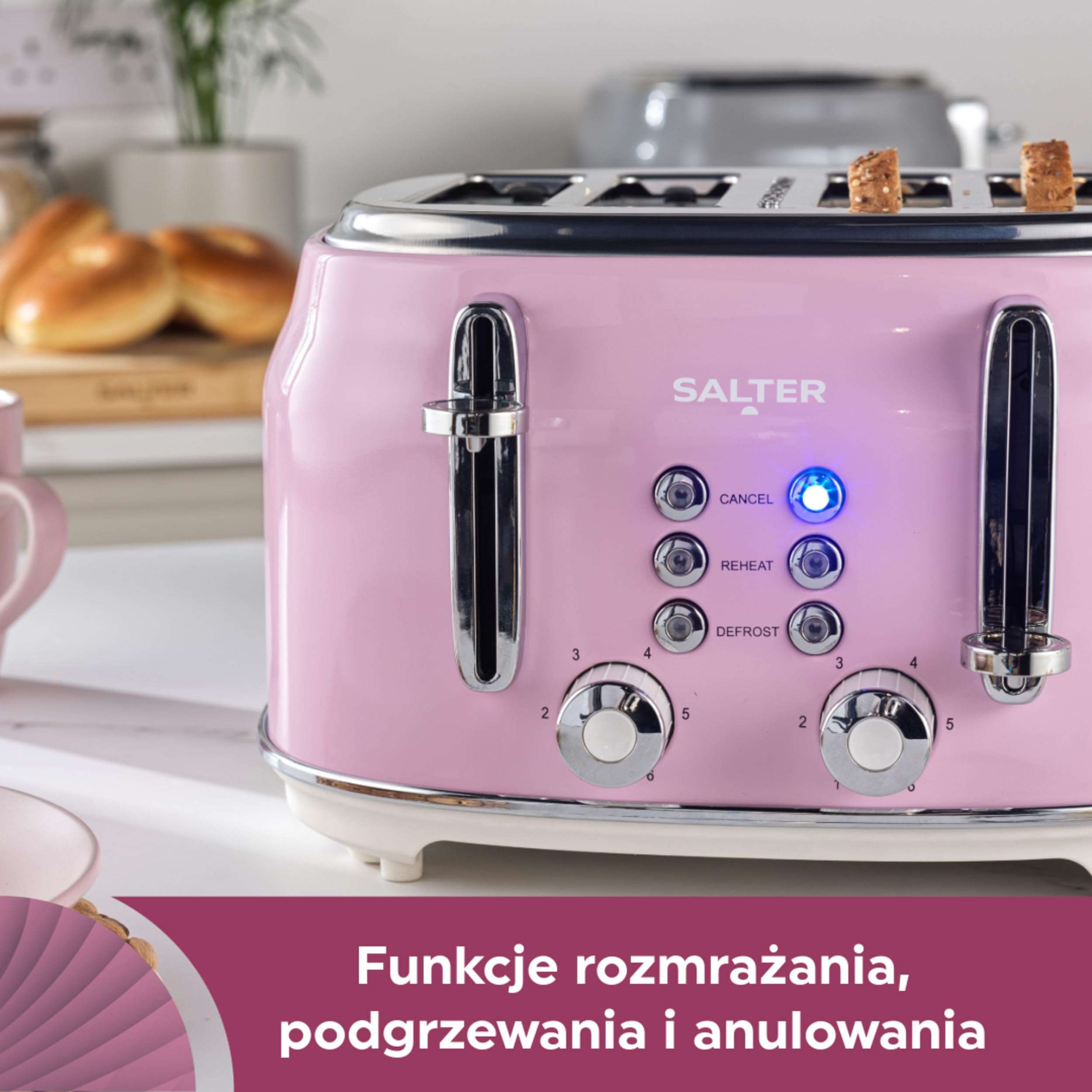 Salter Retro Toster 4-Kromkowy – Szerokie Szczeliny, 6 Poziomów Przyrumienienia, Funkcje Rozmrazania, Podgrzewania i Anulowania, Wyjmowana Tacka na Okruchy, Wysoki Wyrzutnik, 1630W, Rózowy, EK5739PNK