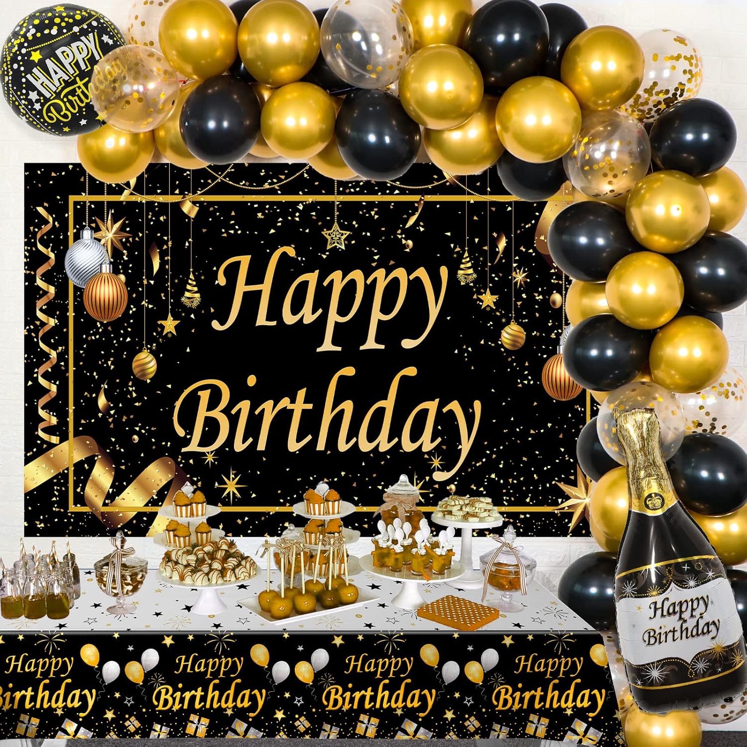 Birthday Decorations for Men and Women Black Gold, Happy Birthday Decorations