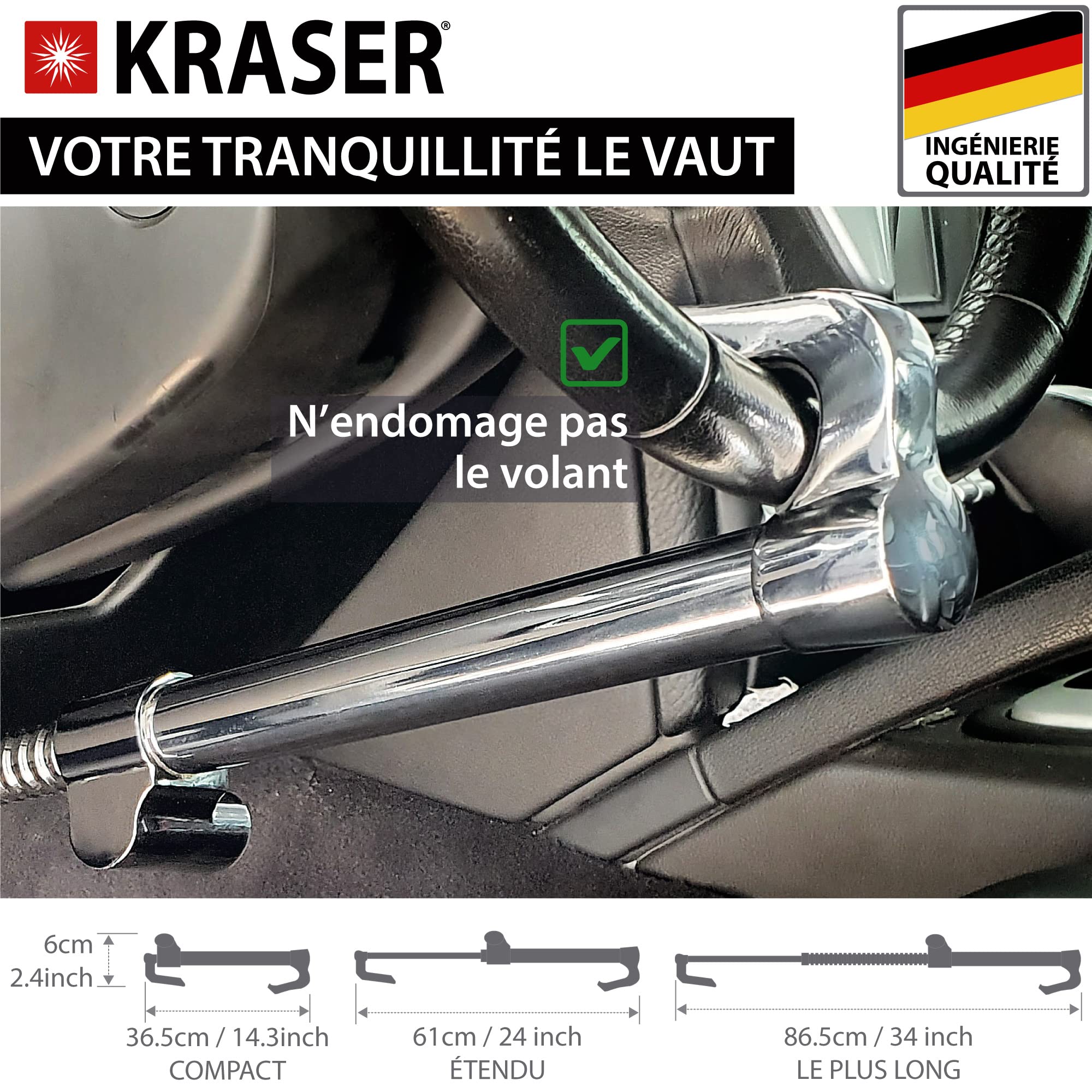 KRASER KR837 Canne Antivol Voiture Volant Pedale Haute Sécurité, Crochet Télescopique Plus Extensible, Bloque Volant Efficace et Dissuassif, Robuste Barre Bloc Anti Vol Universelle Auto, Camping-Car